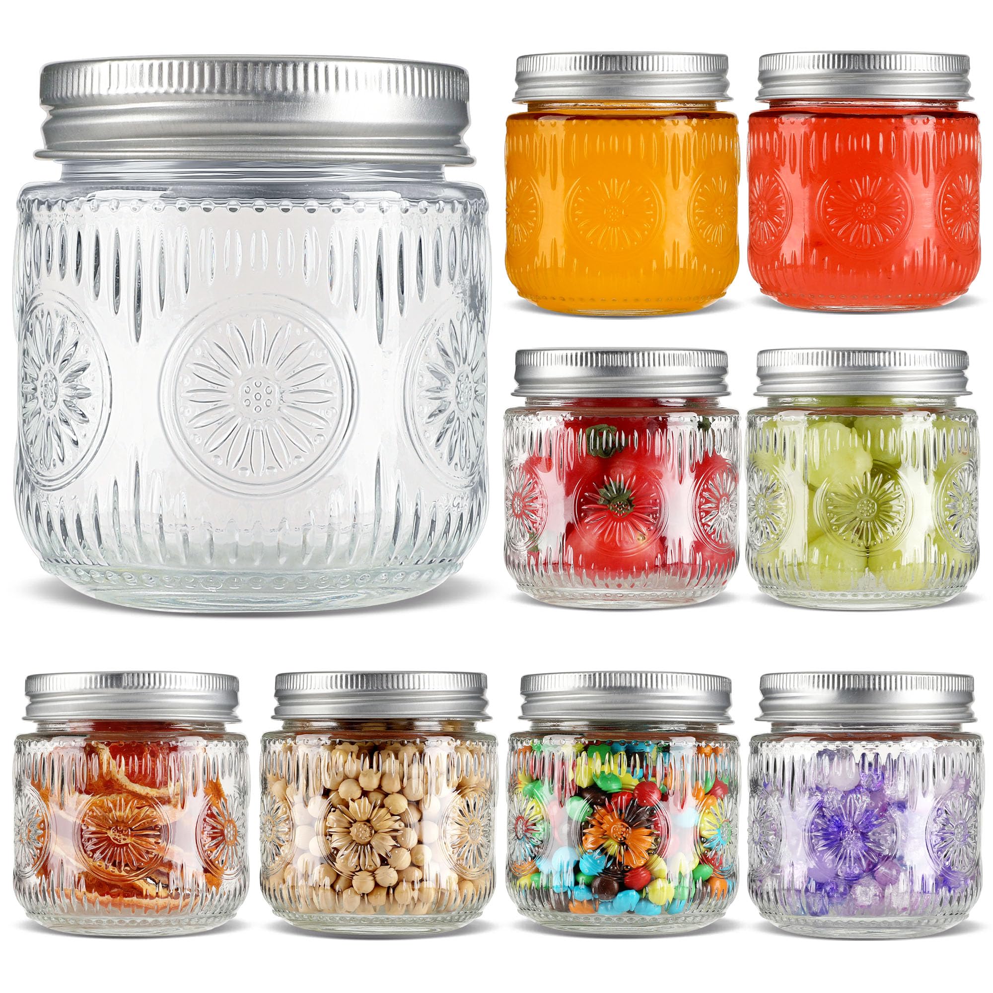 Qumuauu Mason Jars 8 oz - Vintage Small Glass Mason Jars with Silver Metal Lids, Regular Mouth Canning Jars, Safe For Storage, Canning, Pickling,