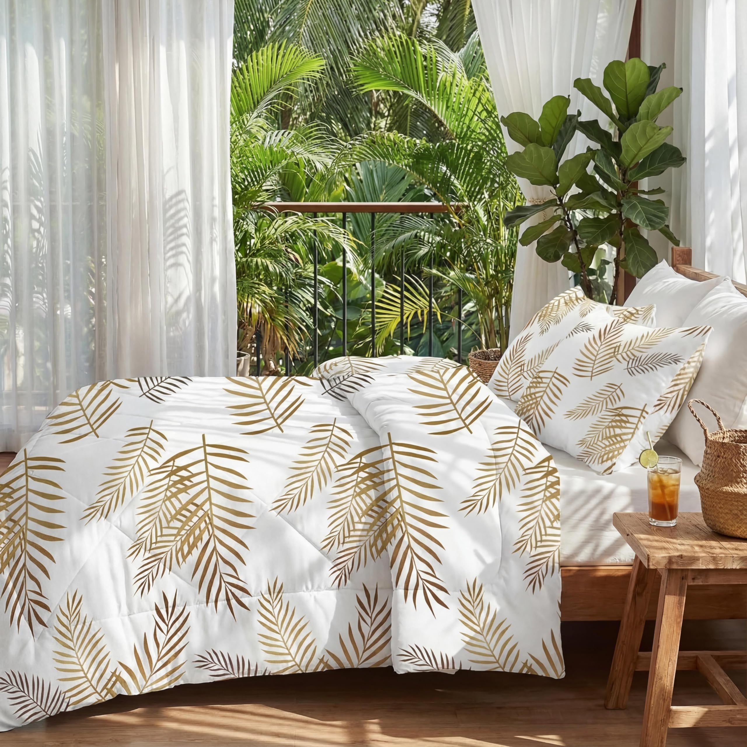 Trapunta 220 x 240 cm Piante Bianco Stampata Foglie Palma 4 Stagioni per Letto 2 Persone, Edredon Reversibile Trapunta Legere, Senza Houss e 2 federe 65 x 65 cm