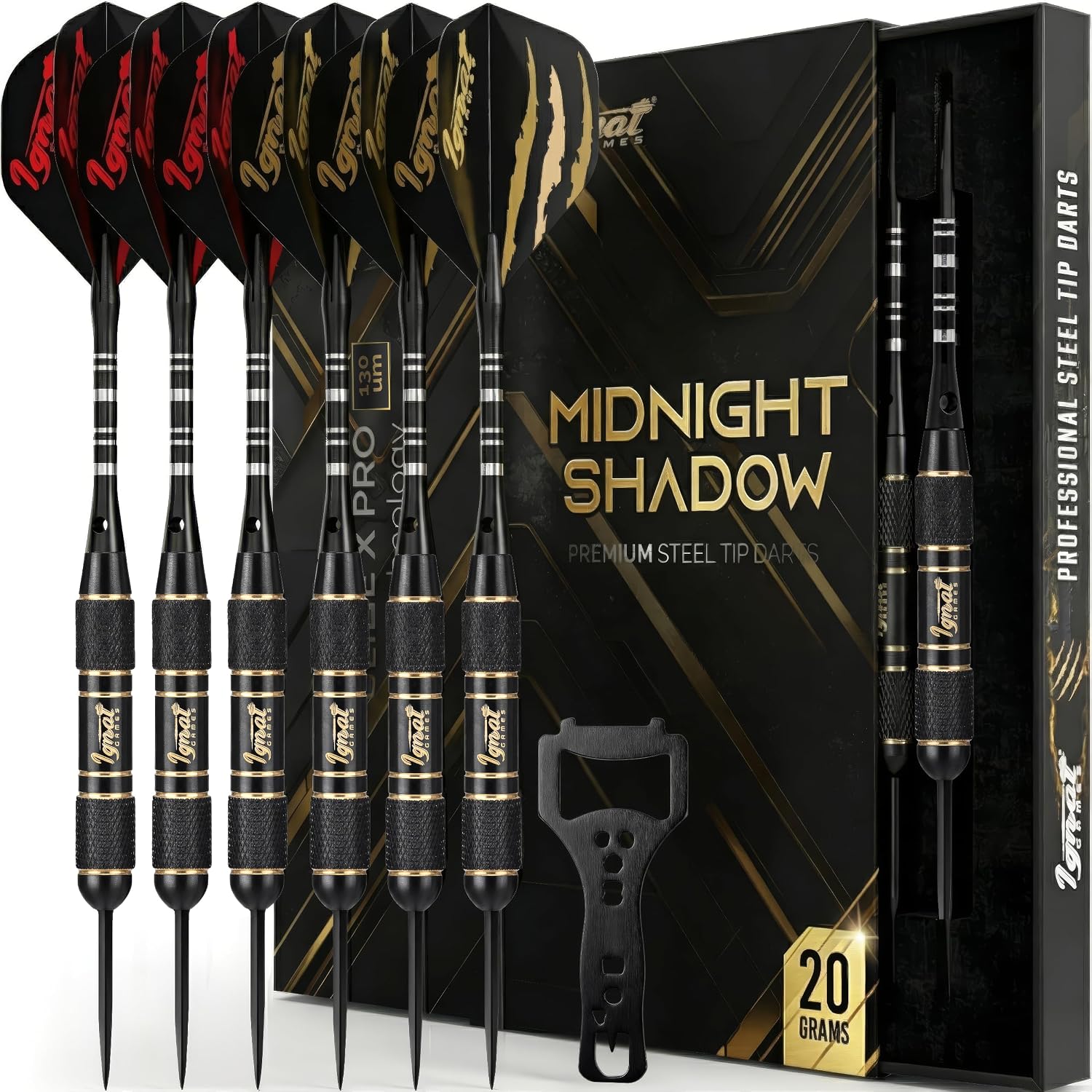IgnatGames Steel Tip Darts Set - 20g Brass Barrels, Tempered Steel Points, Aluminum Shafts, 16 GlideXPro Flights & Accessories in Gift Case