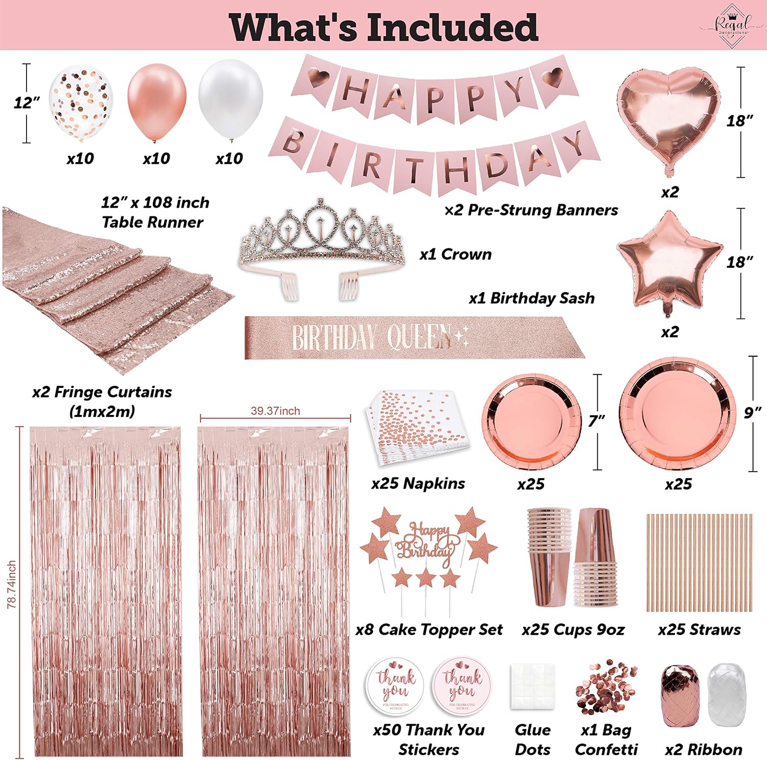 225 Pc Rose Gold Birthday Party Decorations Kit for Girls, Teens Or Women - Happy Birthday Pre-Strung Banners, Curtains,Table Runner, Balloons, Sash, Tiara, Cake Toppers, Plates, Cups, Napkins Straws for 25 Guest & Thank You Stickers : Toys & Games