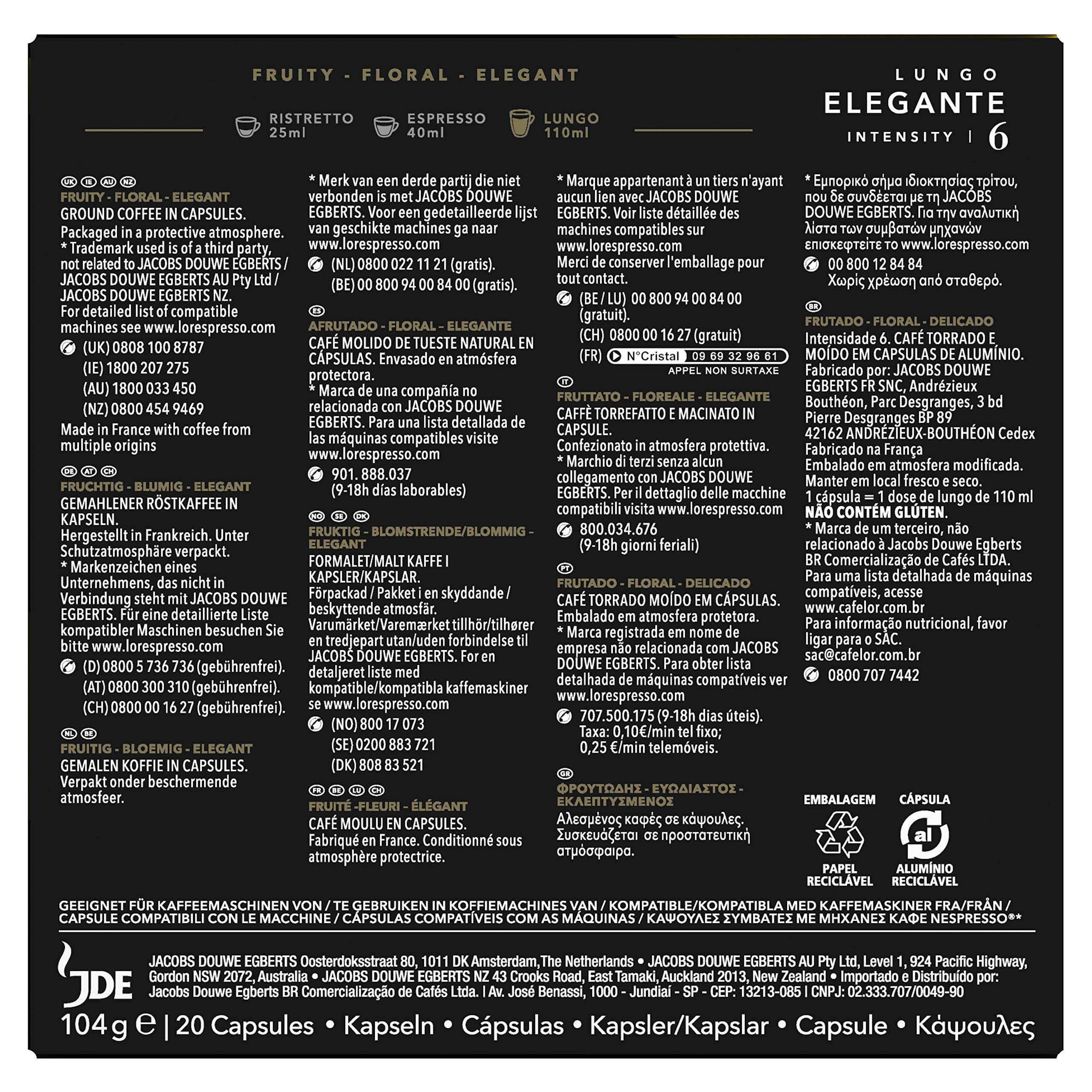 L'OR Kapsułki kawy Espresso Lungo Stylowe (200 kapsułek z kawą Lungo, odpowiednie do ekspresów do kawy Nespresso, Intensywność 06/12, kawa 100% Arabica), 10 x 20 filiżanek