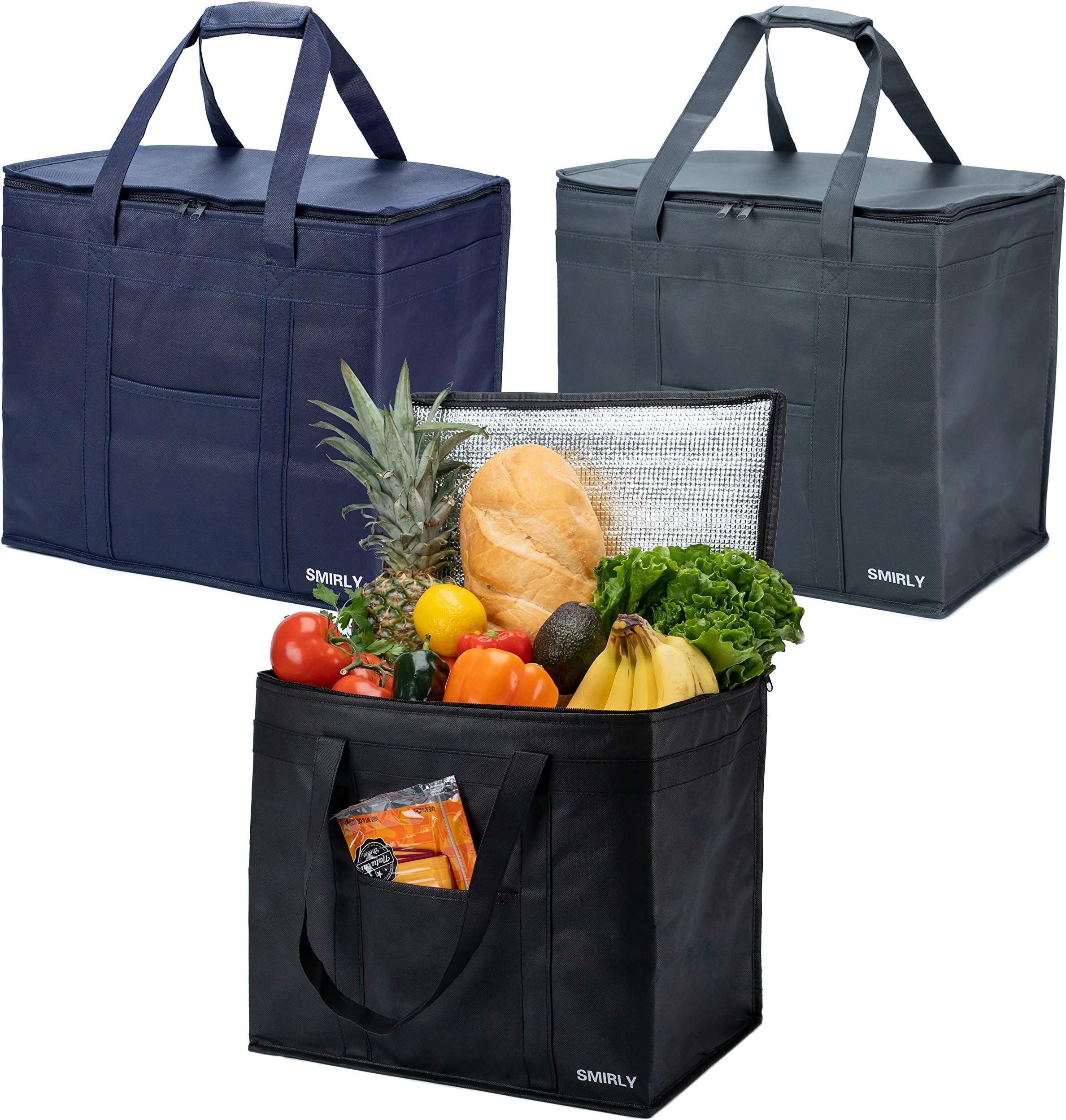 SMIRLYCooler Bag Insulated Grocery Bag with Zipper - Collapsible Reusable Bag for Cold and Hot, Heavy Duty Large Tote Bag