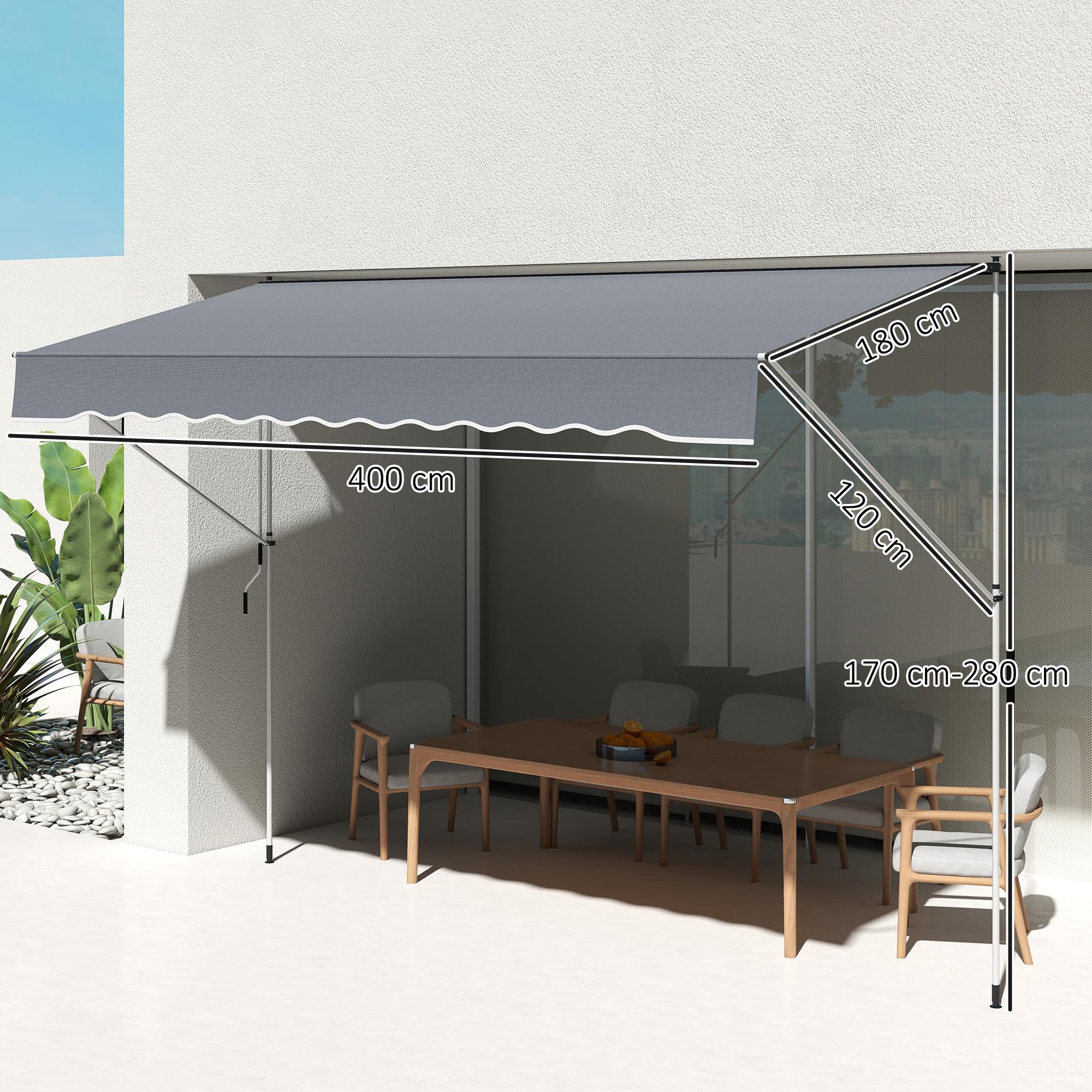 Outsunny Tenda da Sole Esterno 4x1.2m Braccio Avvolgibile Inclinazione Regolabile 0-90° Alluminio Grigio Scuro