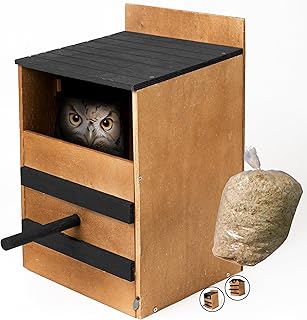Kind Innovations Owl House DIY Easy Build Kit Owl Nesting Boxes Owl w/Perch Box for Outside Screech Owl Nesting Box Barn Owl bat Houses for Outdoors Owls Nest Squirrel Nesting Box (Flat Roof)