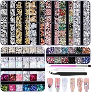 10 Boxes Nail Art Kit - 12 Colors Pointed/Flatback Rhinestones, 3D Gold/Silver/Rose Nail Studs, White Beige Half Pearls, Holographic Glitter & Foils + 3 Tools for DIY Nail Art Jewels & Crafts