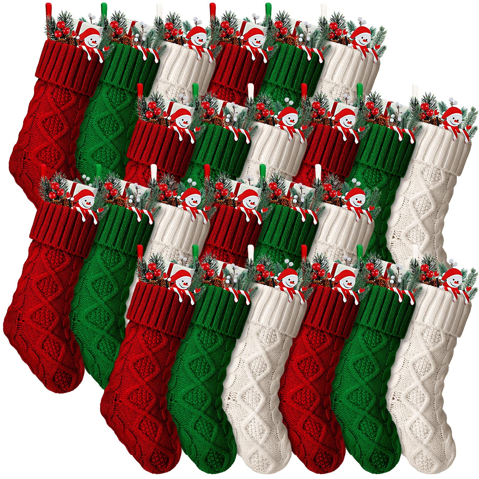 Lot de 24 chaussettes de Noël tricotées de 21 cm - Style vintage - Rustiques - Double face - Pour cheminée - Décoration de Noël familiale (rouge, vert, blanc)