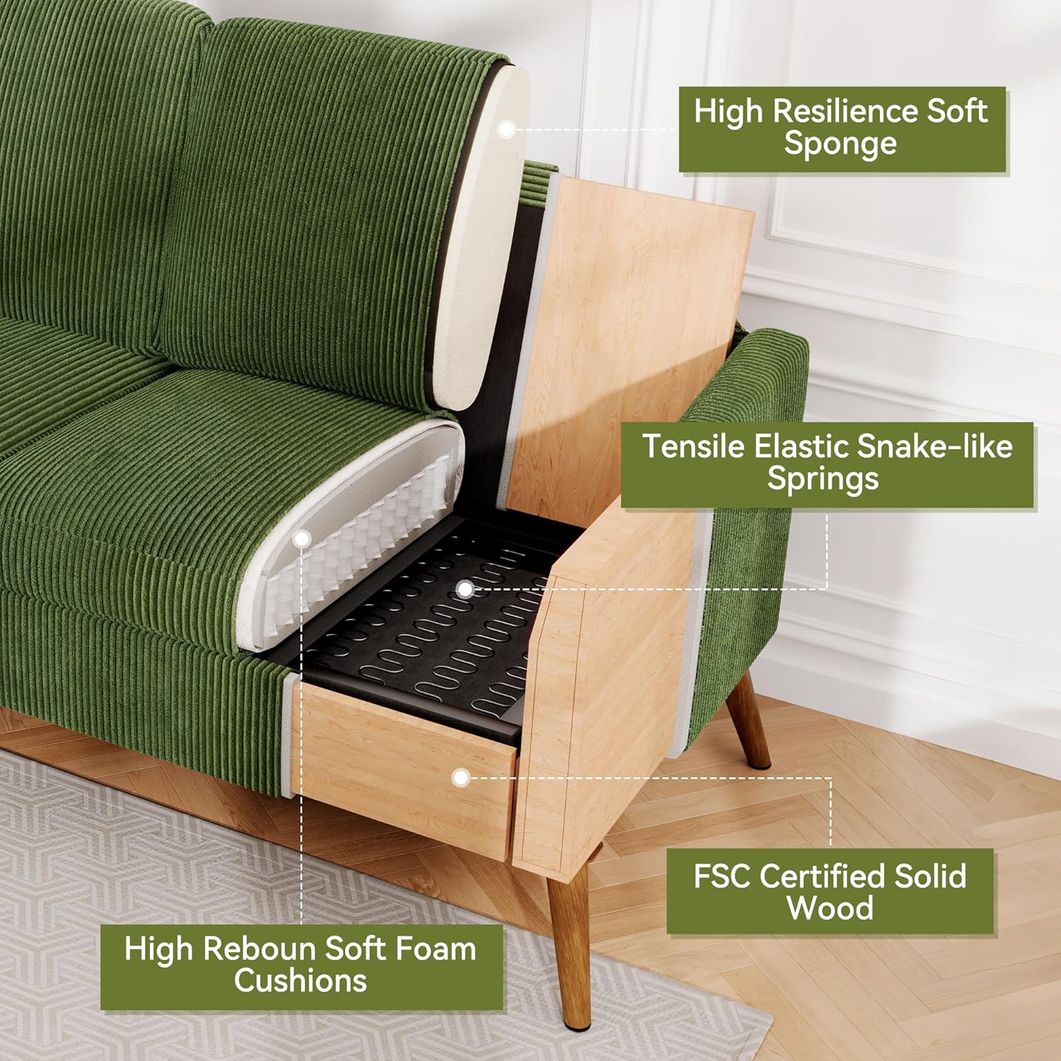 68" Loveseat Sofa, Comfy Green Corduroy Couches for Living Room, Mid Century Modern Love Seat Sofa, Tool-Free Setup Small Couches for Bedroom Office