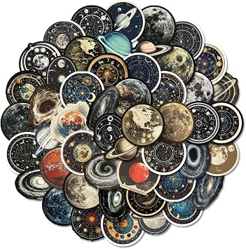 50Pcs Celestial Stickers Pack, Planet Moon Space Astronomy Sticker for Scrapbook Junk Journal Supplies Planner Laptop Luggage Home Decor, Waterproof Cosmic Galaxy Stickers for Adults