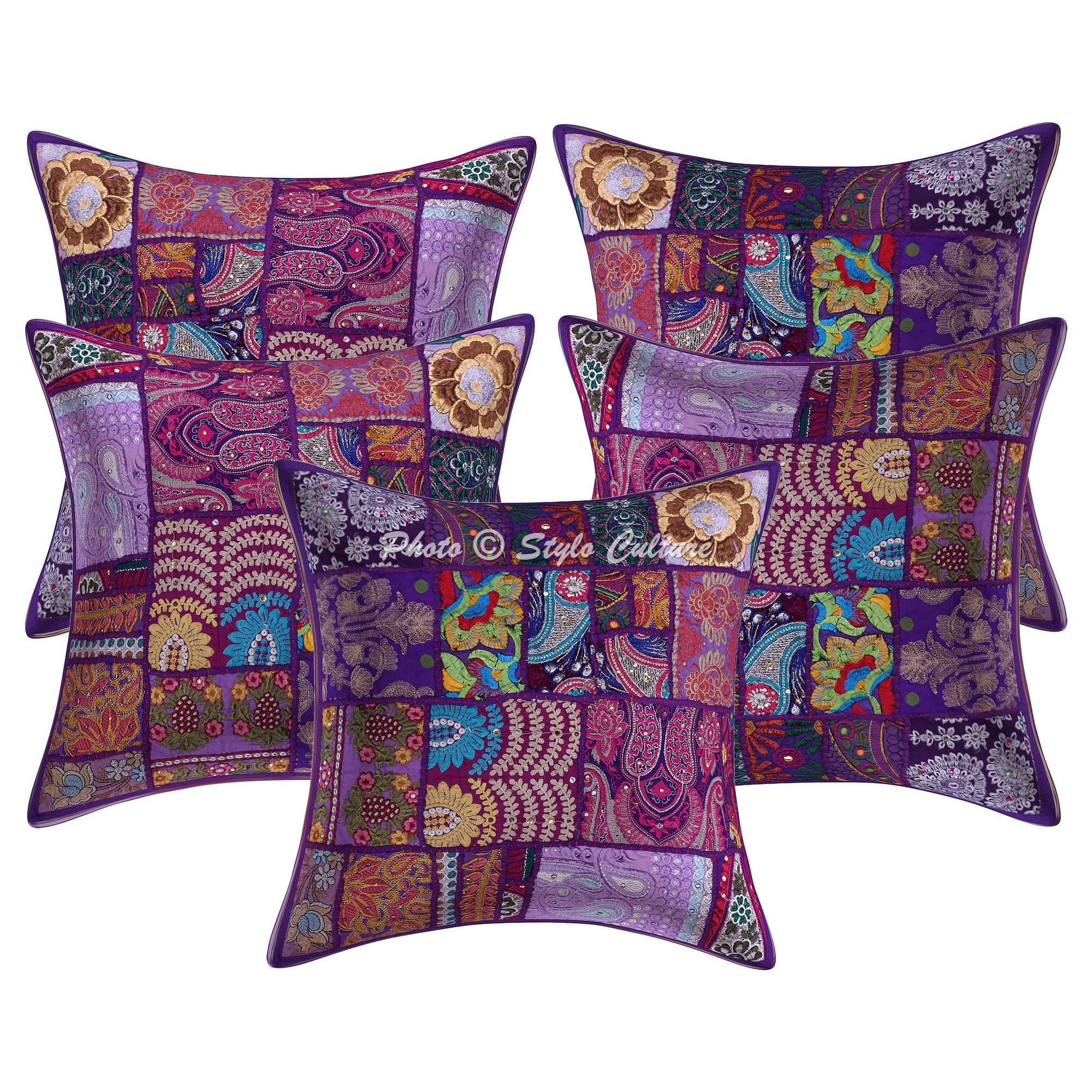 Indische Dekorativ Baumwolle Couch Kissenbezüge 45x45 cm Lila Dekokissen Vintage Patchwork Schlafzimmer Sofa Kissen Bezüge Abstrakt Quadrat Umschlagverschluss 18x18 Kissenhullen - 5 Stk.