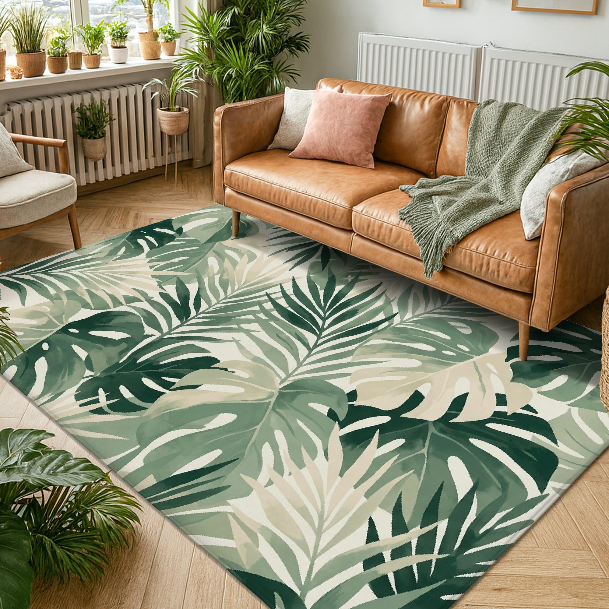 Alfombra de área de hojas, palmeras naturales tropicales, follaje verde de verano, esponja de pelo bajo, suave, rectangular, resistente a las manchas, para sala de estar, dormitorio, cocina, pasillo