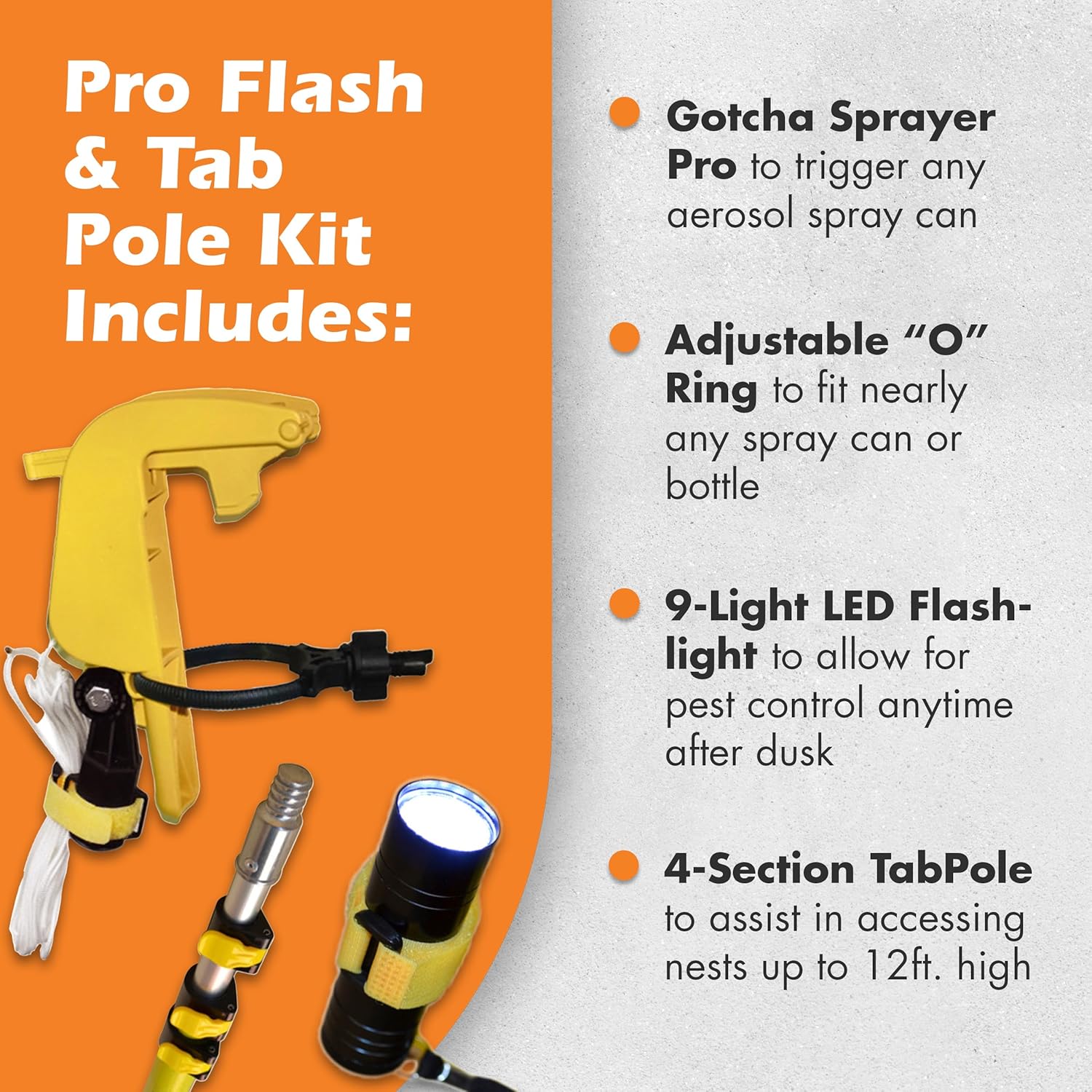 Pro USA-Made Flash Combination Kit - Includes a 9 LED Flashlight & 12ft. Spray Can Extension Pole - Pest Control to Easily Spray Hard-to-Reach Areas Day & Night