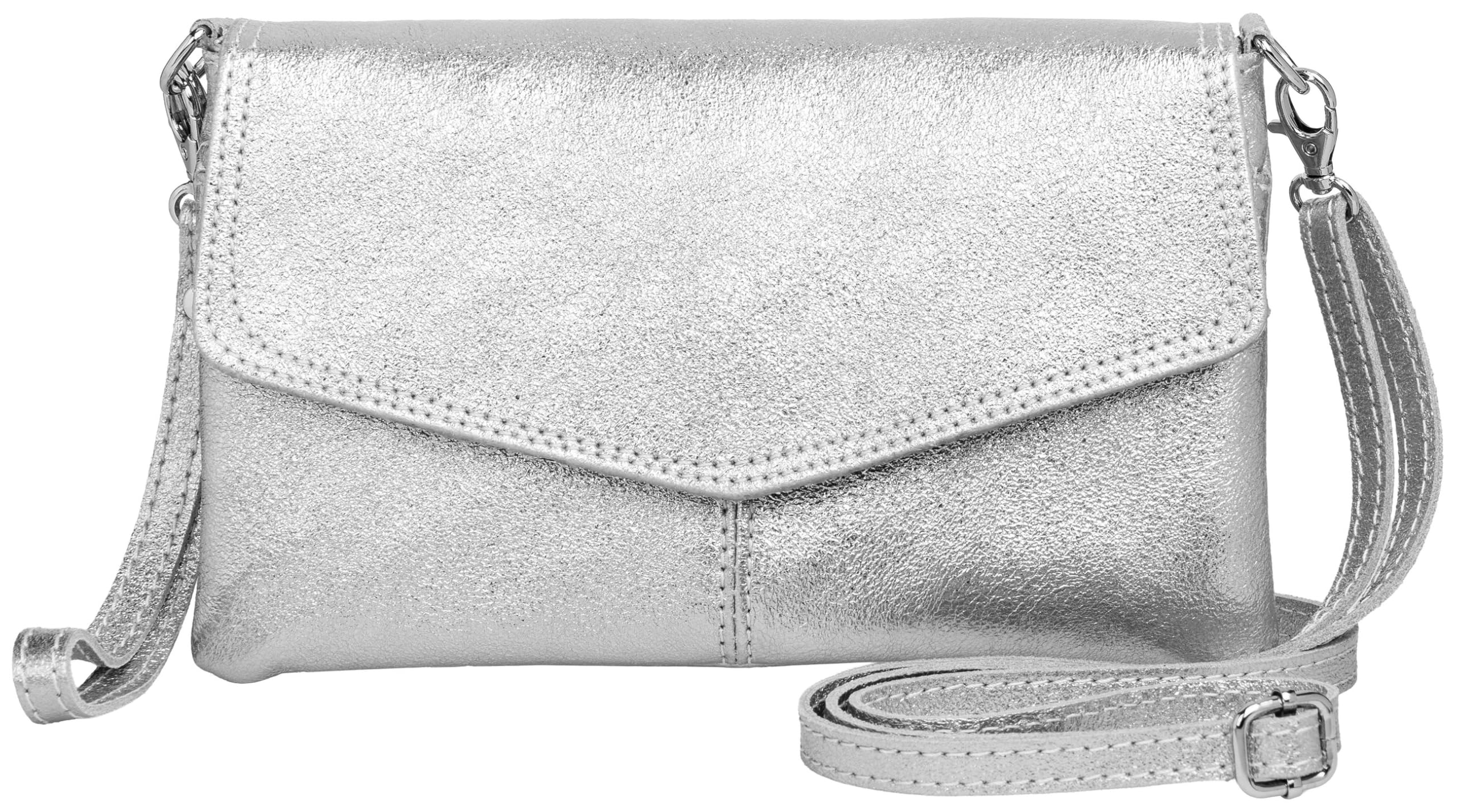 Caspar Elegante Leder Clutch Abendtasche aus samtweichem Nappaleder Damen Umhängetasche - PREMIUM LINE - Modell No.322 - Made in Italy, Farbe:silber metallic, Accessoires:One Size