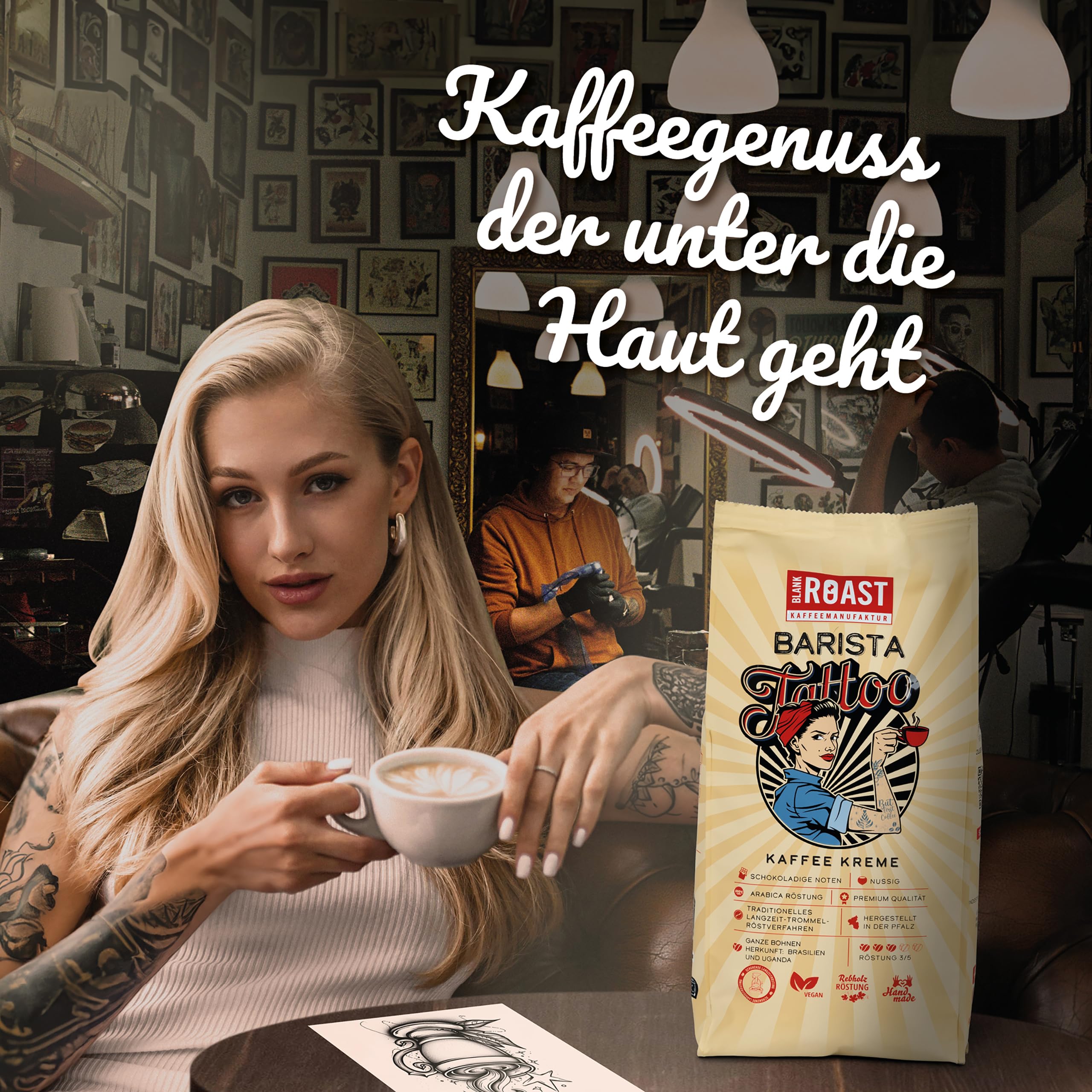 BLANK ROAST - Barista Tattoo Kaffee Kreme - 1kg (9er Pack) - im Trommel-Röstverfahren geröstet - Bohnen aus den besten Anbaugebieten - Premium Arabica - kräftig, schokoladig & nussig - säurearm
