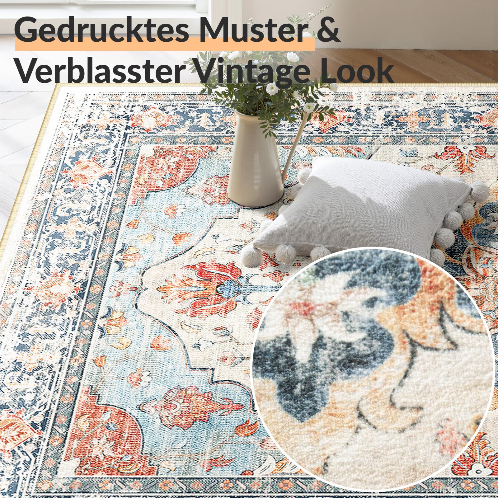 INOVADAY Vintage Waschbarer Teppich Wohnzimmer 90x150 cm Boho Kurzflor rutschfest Teppich Weich Teppiche mit Druckmuster für Schlafzimmer, Esszimmer, Büro Beige/Blau/Orange