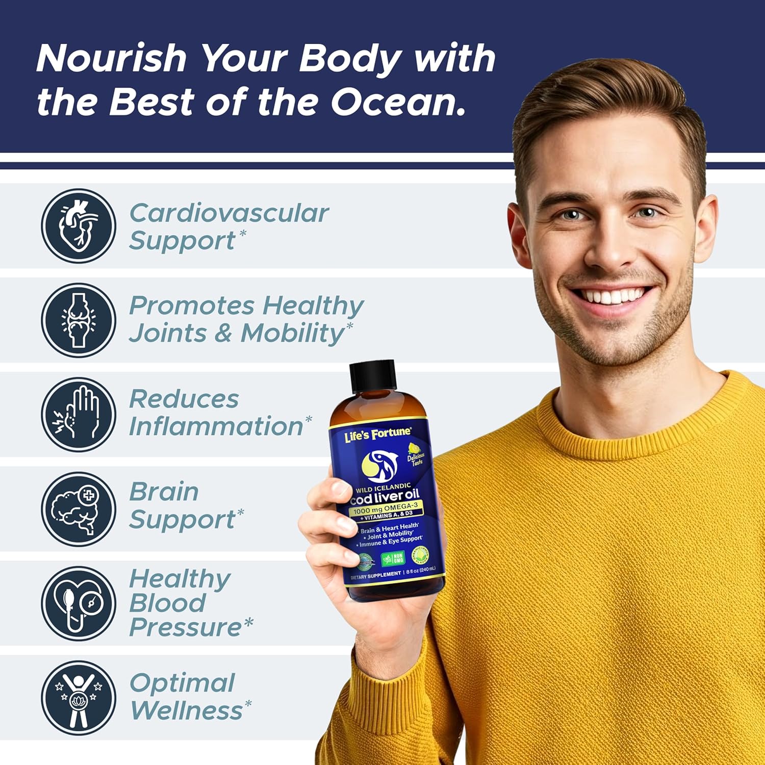 Life's Fortune Cod Liver Oil Liquid Lemon Flavor Organic Supplement with DHA, EPA 1000 mg High Potency Omega-3s + Vitamin A, E & D3 - Supports Immune, Joints, Eyes, 8 Fl Oz (Pack of 3)