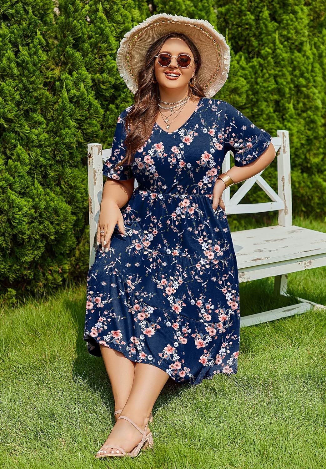 IN'VOLAND Womens Plus Size Short Sleeve Dress Summer Midi Casual Tiered V-Neck Aline Flowy Loose Dresses with Pockets - Image 3
