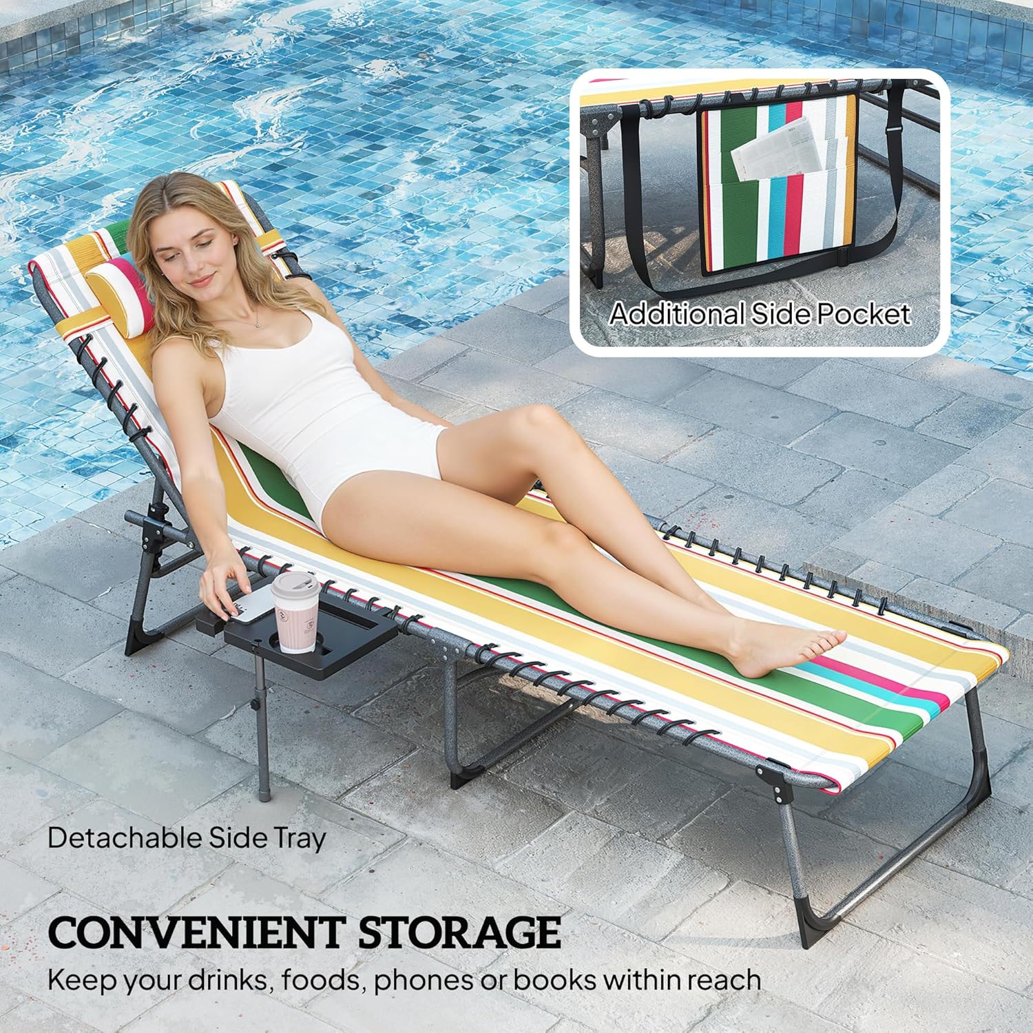 Outsunny Folding Chaise Lounge Chair Outdoor Tanning Chair with Side Table, 5-Level Adjustable Beach Lounge Chair with Headrest, Side Pocket for Patio, Backyard, Beach, Poolside, Mixed Color