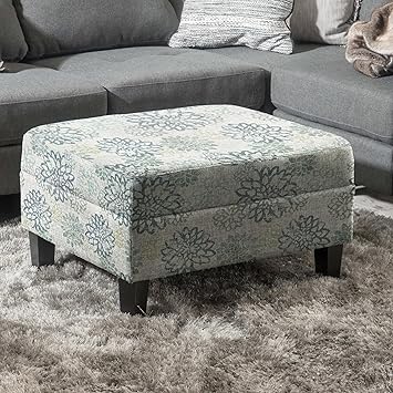 Square Ottoman with Storage for Living Room, Fabric Upholstered Ottoman with Tufted Waffle Stitch, Wooden Legs, Easy Assembly Blue+Light Brown