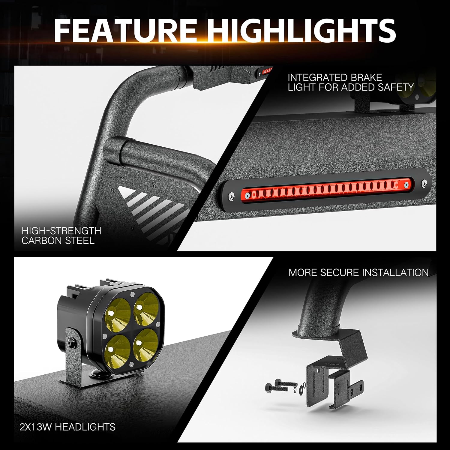 YZONA Sport Roll Bar for Pickup Trucks, Adjustable 56"-65" Bed Chase Rack w/LED Lights Compatible with Chevy Silverado/Sierra 1500, Toyota Tundra, Nissan Titan, Jeep Gladiator, Nissan Frontier, F-150