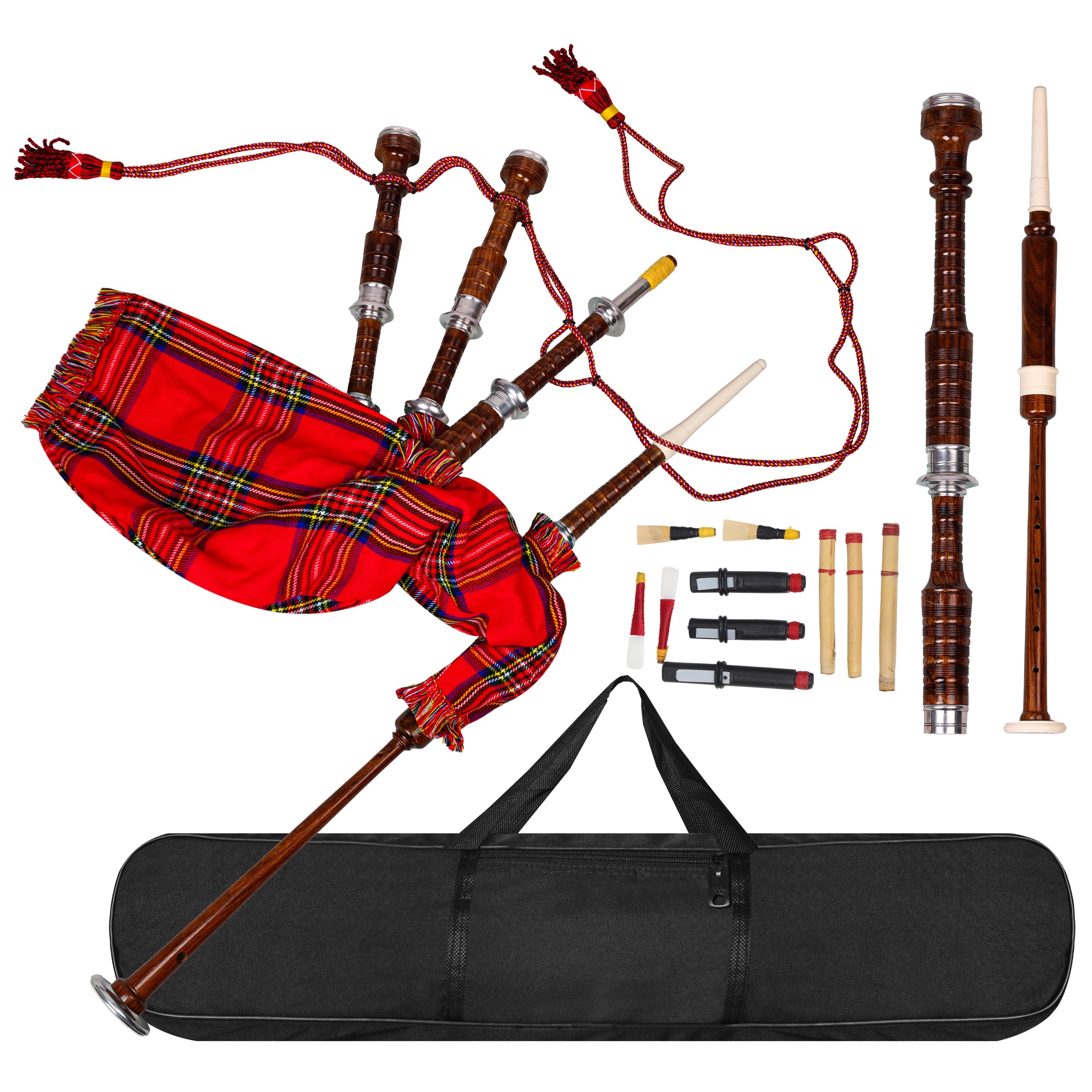 Great Scottish Highland Bagpipes Full Silver Mount Natural & Black Finish With Bag (Royal Stewart Natural Finish)