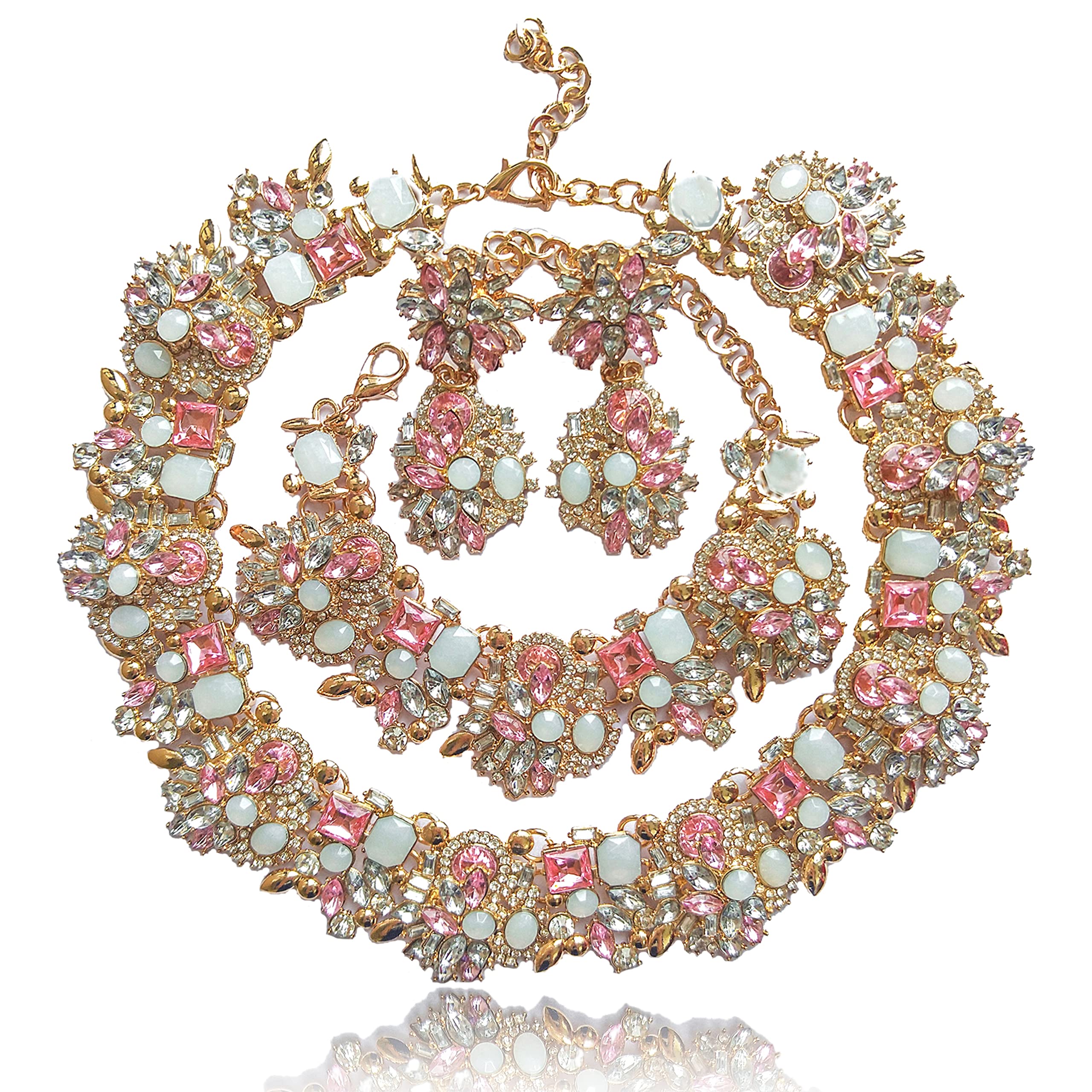 NABROJGold Indian Jewelry Sets for Women - Rhinestone Crystal Bridal Jewelry Kit with Earrings, Necklace & Bracelet, Bridesmaid Costume Jewelry Set Gifts for Wedding Formal