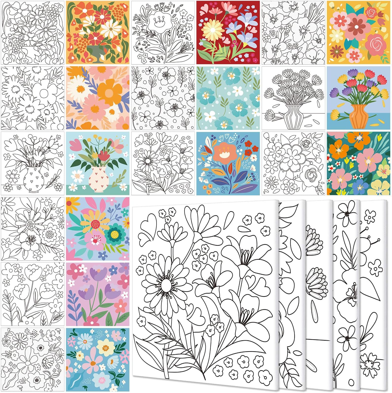 Teling 12 Pcs Pre Drawn Stretched Canvas Kit for Adults Painting Pre Printed Canvas Outline for DIY Painting Party Favor,6 x 6 x 0.6 Inches(Flower)