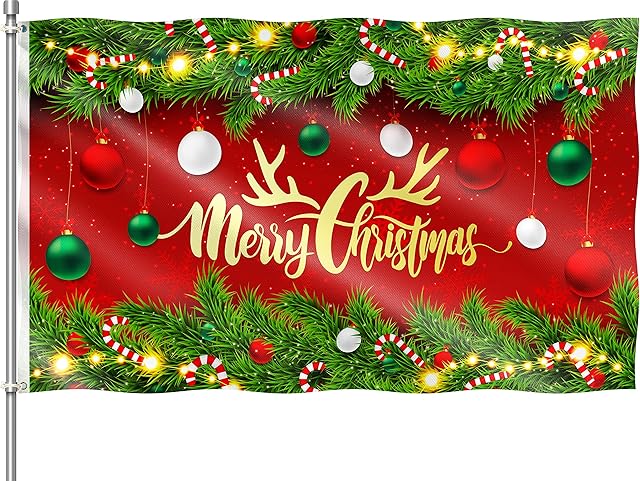 Christmas Flag - Merry Xmas Party Backdrop Banner 5ft x 3ft with eyelets - 110Den Thick polyester - Digital Print - Double Seam