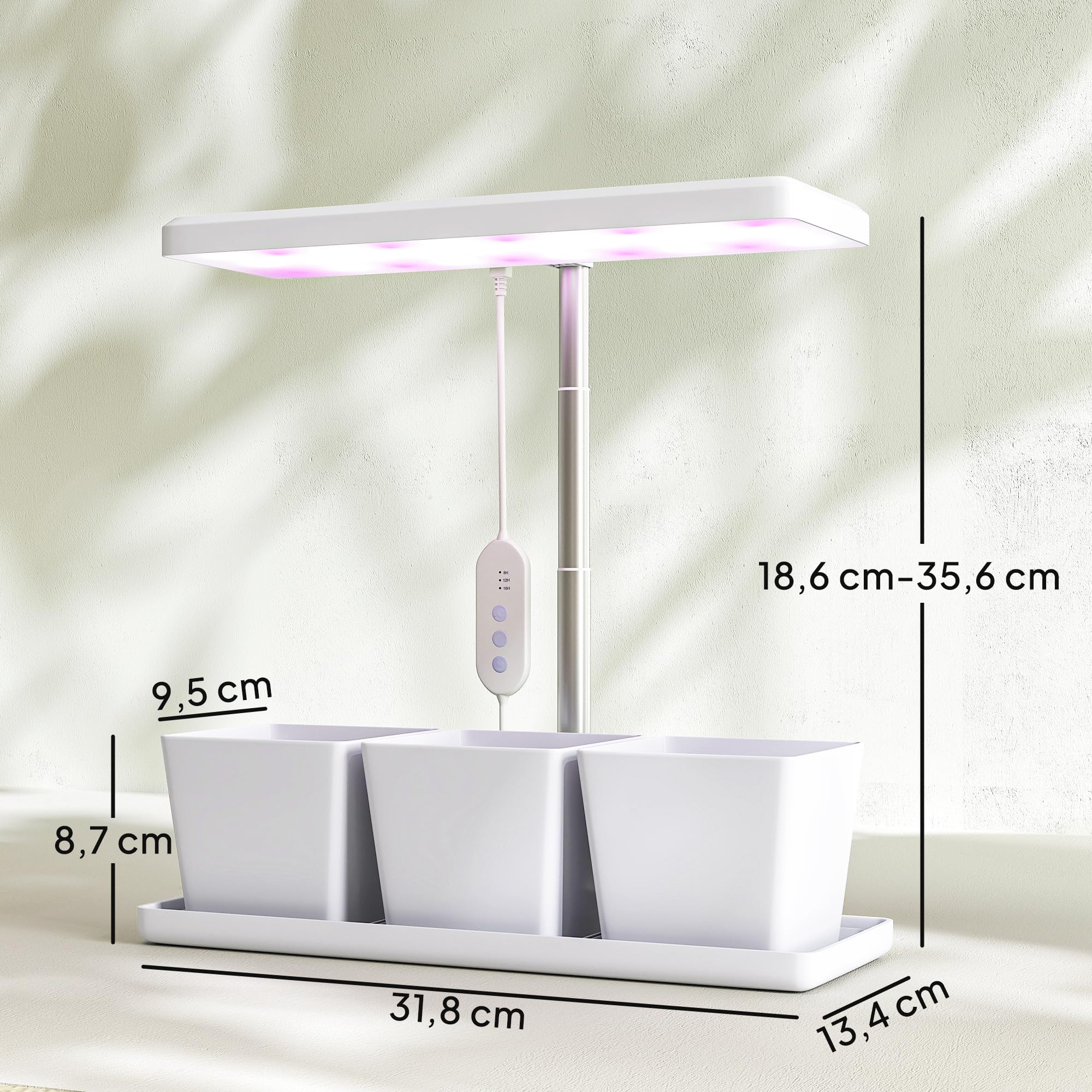 Outsunny Lampe de croissance 10W lampe plante de culture LED à spectre complet avec 3 bacs à fleurs, minuterie marche/arrêt automatique 8/12/16/24 H, 5 niveaux de luminosité, hauteur réglable, blanc