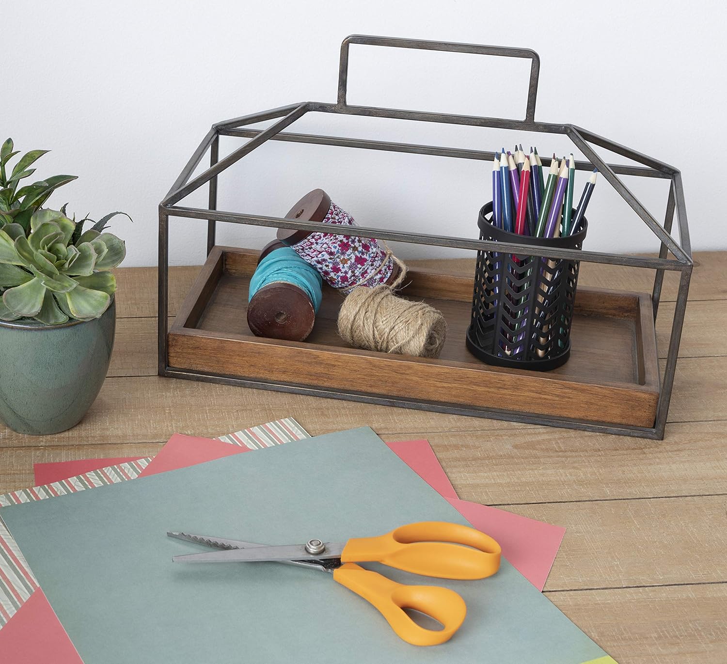 Kate and Laurel Huxley Farmhouse Wood and Metal Tabletop Planter, 16 x 6 x 11.5, Caramel Brown Wood and Iron, Chic Rustic Planter