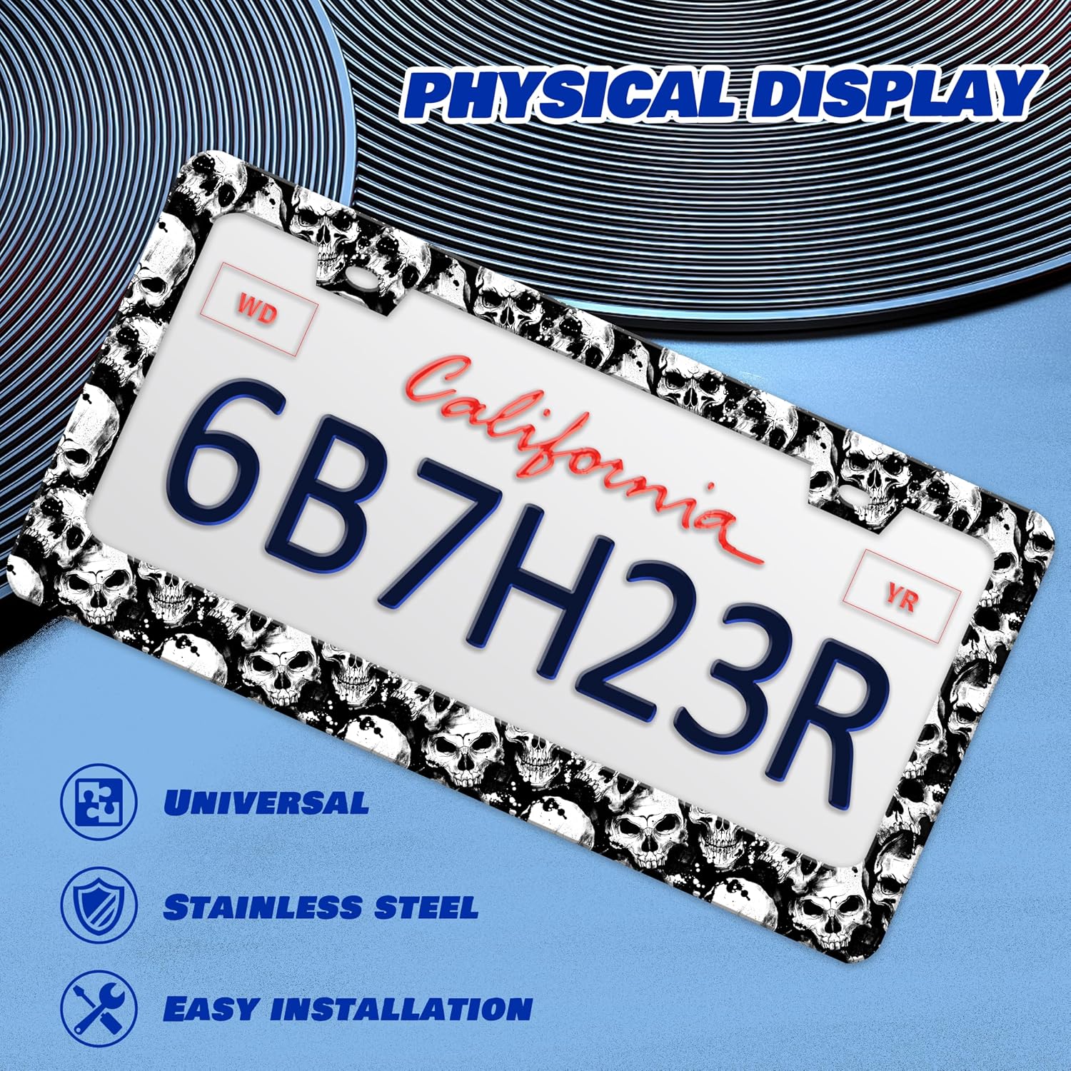 Skull Skeleton Gothic License Plate Frame Stainless Steel 6x12 Inch 2-Hole image 3