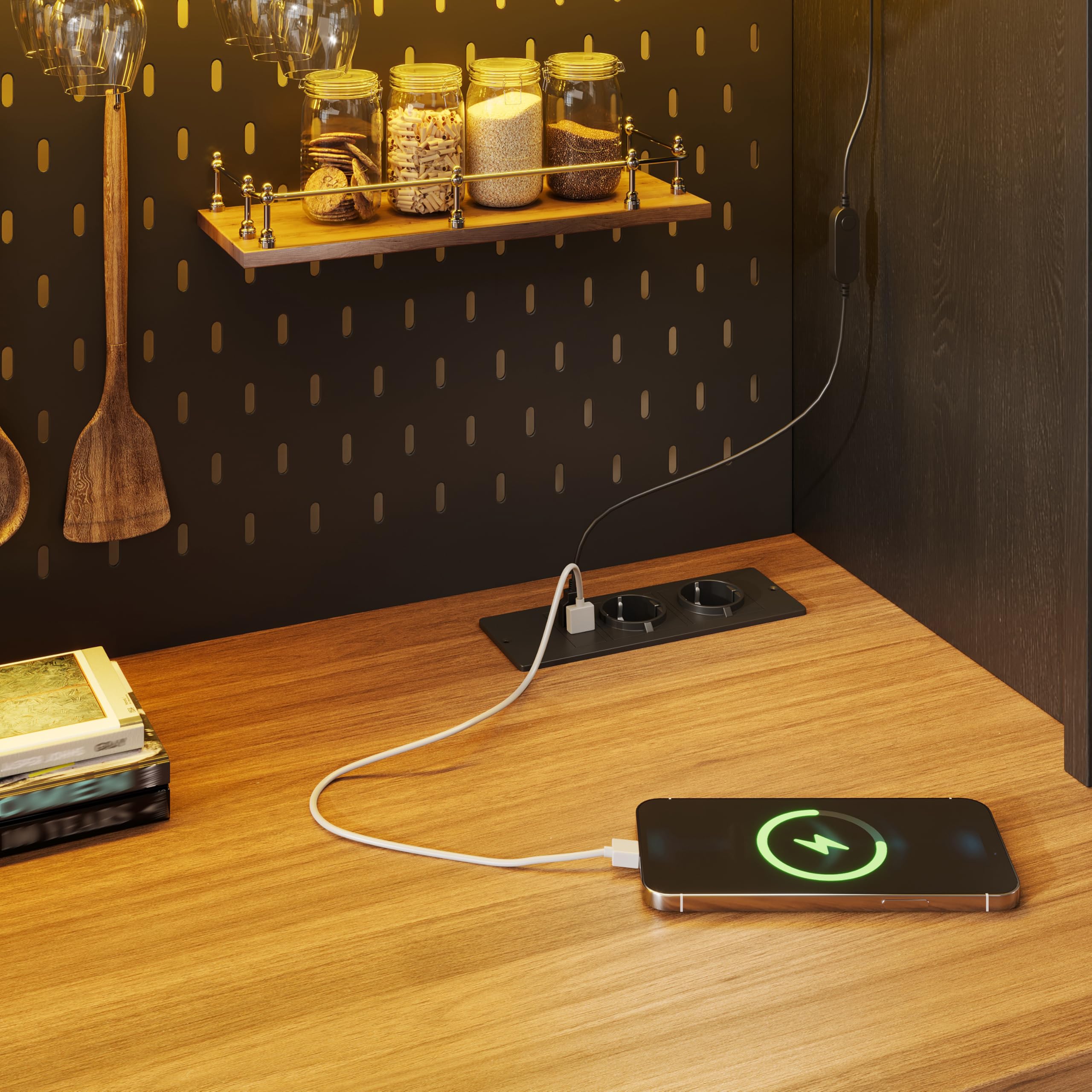 Buffet de Cuisine Haut 174,5 cm avec Plan de Travail, LED RGB, USB et Prise Intégrée, Panneau Perforé, Portes Coulissantes et Rangements Multifonctions, Noir-1