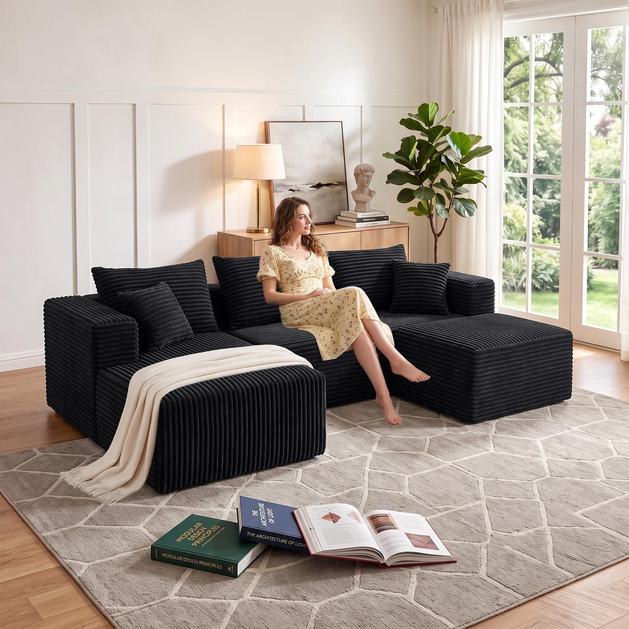 93" U-Shaped Boneless Couch, Corduroy Cloud Couch Sectional with Chaise and Ottoman, Deep Seat Modular Sectional Sofas for Living Room, No Assembly - Black (Left Facing Chaise)