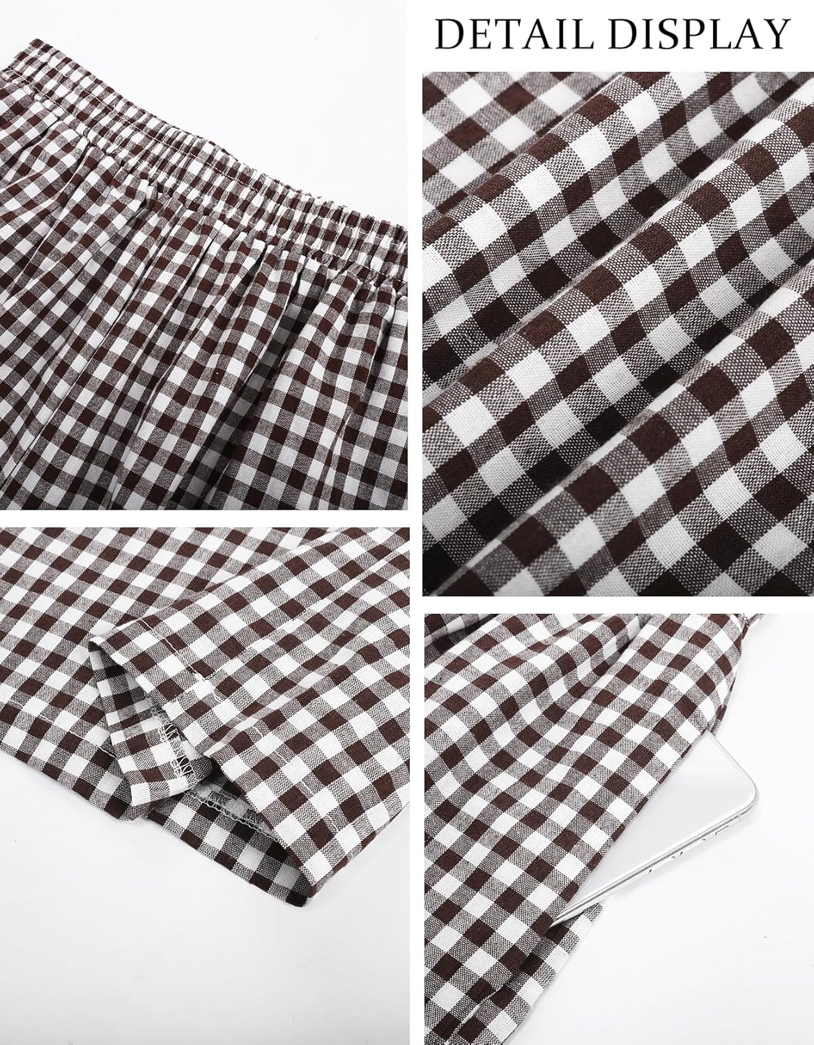 Flygo Women’s Wide Leg Gingham Capri Pants Cotton Elastic Waisted Plaid Palazzo Bottoms Flowy Trousers with Pockets - Image 7