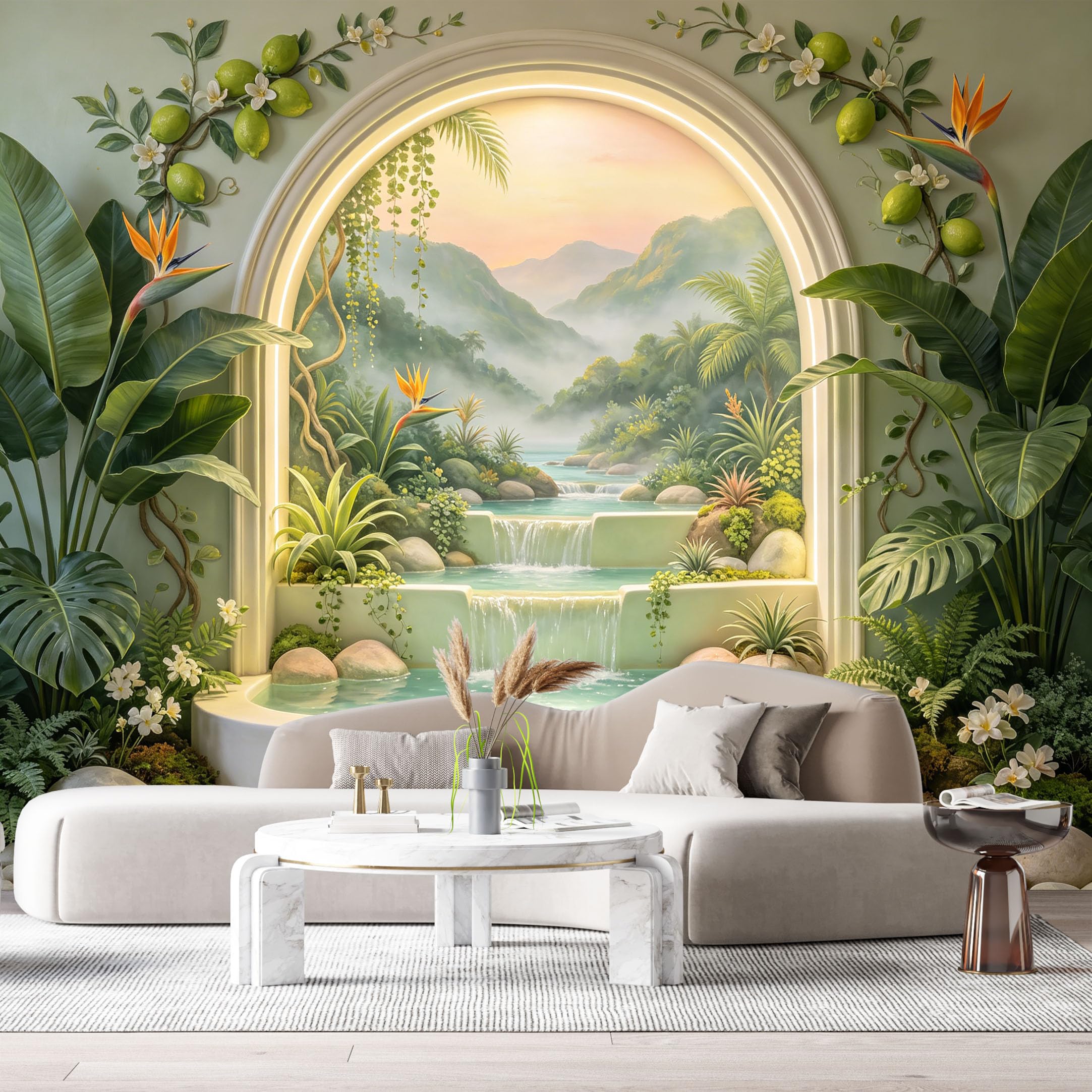 Custom Size Wall Murals Tropical Waterfall Mountain Landscape 3D Trompe L'Oeil SelfAdhesiveWall Fabric Removable Wallpaper Wall Decor for Living Room Bedroom Bathroom