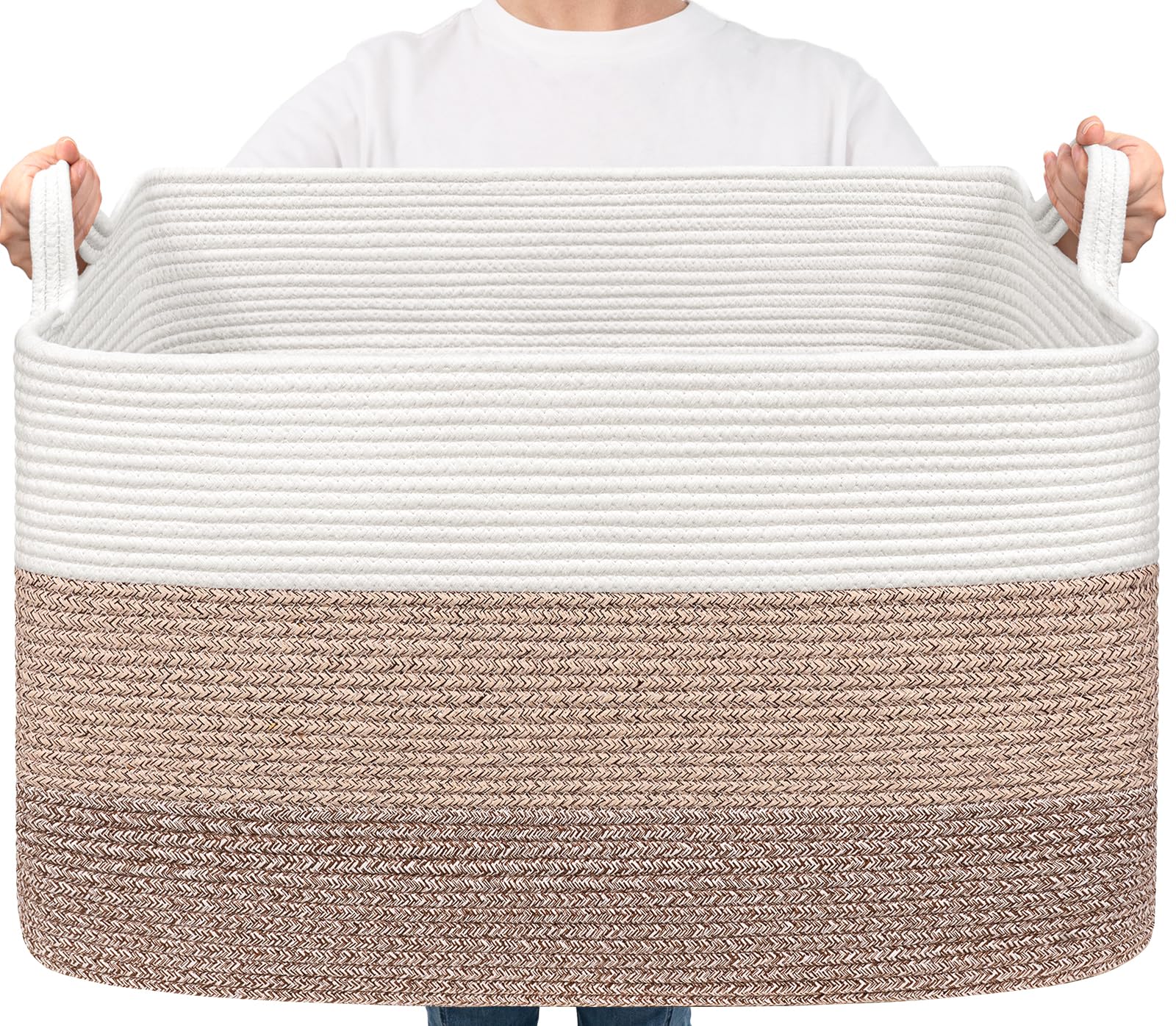 Goodpick Large Woven Blanket Basket 23.6" x 15.7" x 13.8" Cotton Rope Storage Organizer for Dirty Clothes Pillows, Soft Toy Storage Basket for Nursery Home Decor, White &amp; Light Brown