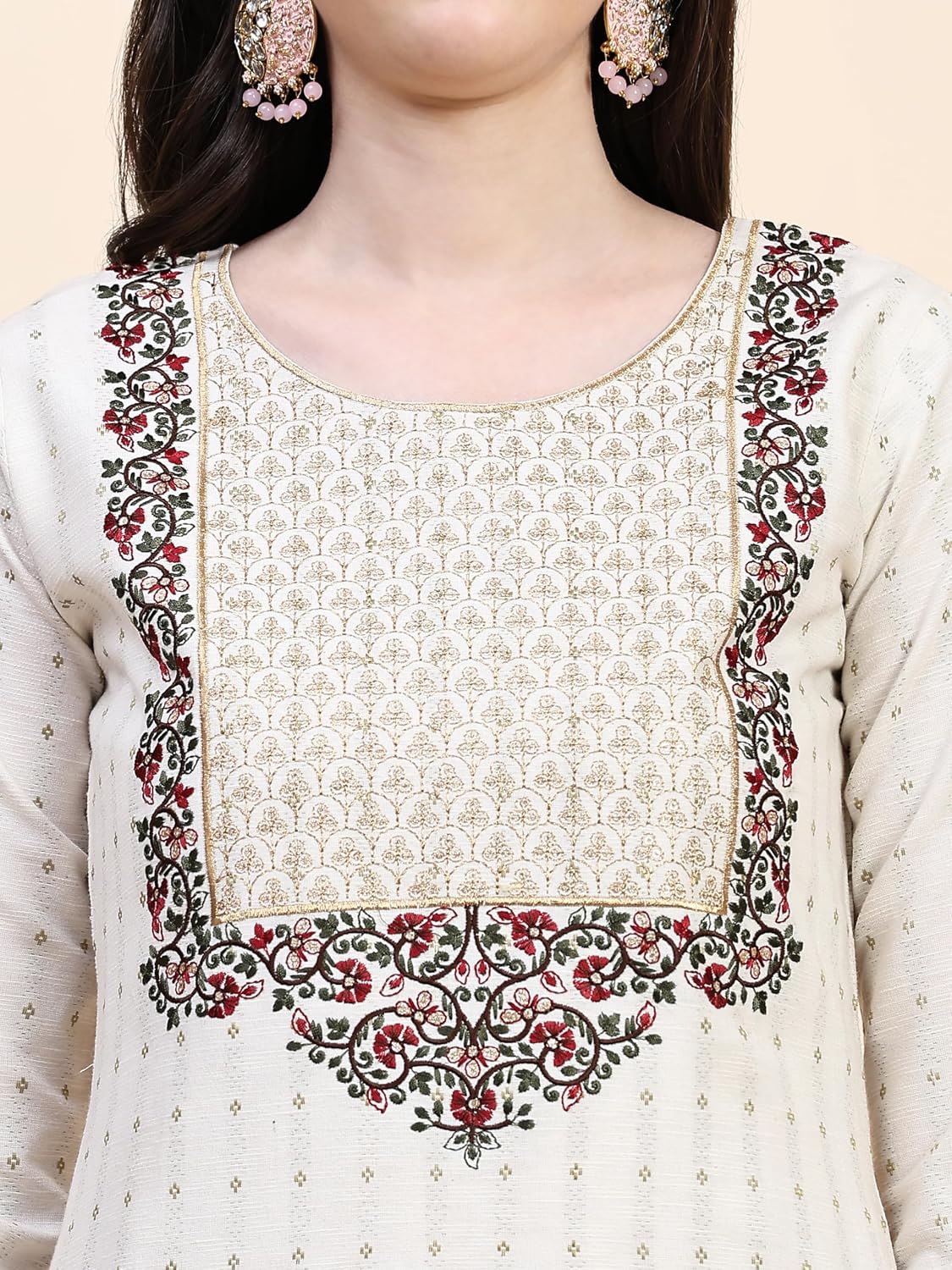 TRENDMALLS Women's Cotton Embroidery Salwar Suit Set Kurta Pant with Dupatta (G149-Offwhite-S)