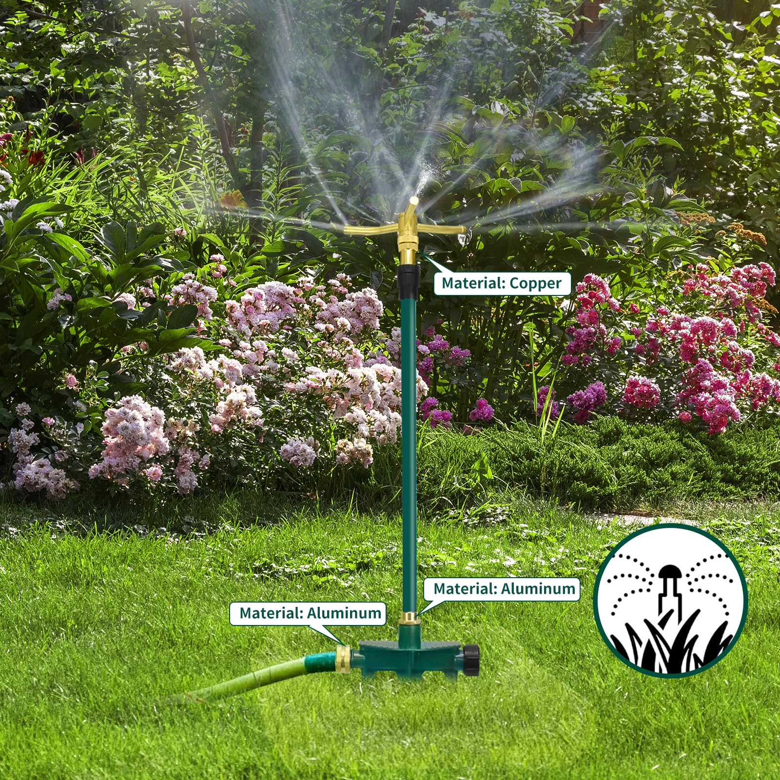 Aspersor de jardín giratorio de 360° de 3 brazos, paquete de 2 aspersores telescópicos con estaca, aspersor de agua de latón para césped de jardín para grandes áreas de hasta 40 pulgadas