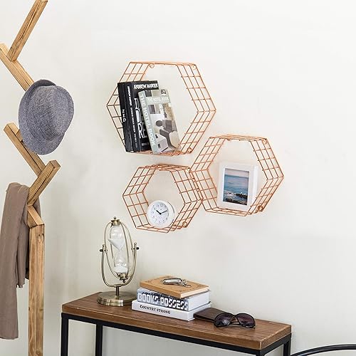 Miniatura 5 de MyGift Estantes hexagonales flotantes de cobre, estante hexagonal de alambre en tono de cobre montado en la pared, juego de 3
