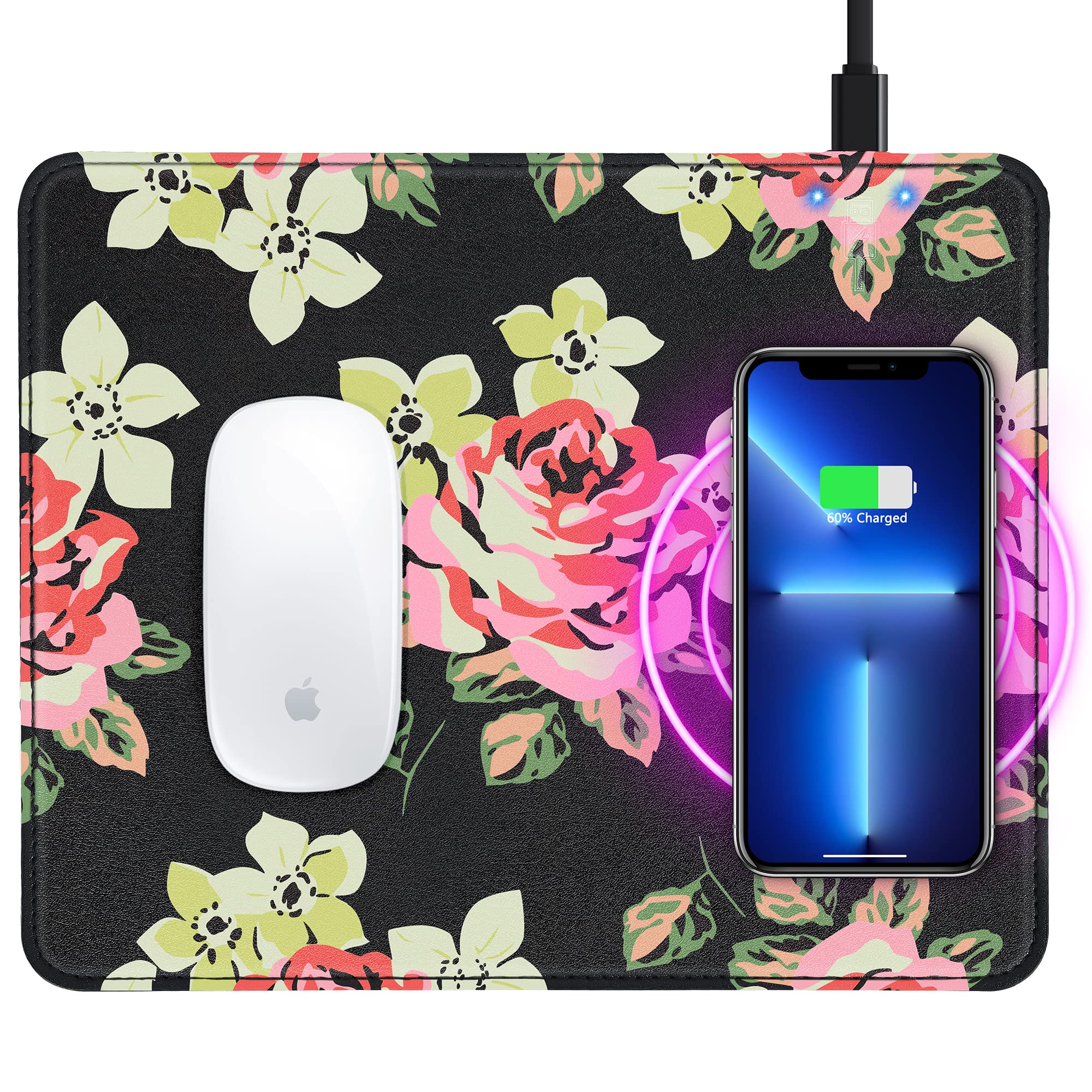 Photo 1 of TIANLI Wireless Charger Mouse Pad 15W Fast Wireless Charging Mouse Mat with Leather Surface & Non-Slip Rubber Base for iPhone Galaxy, Mousepad for Women, 12x11 inch, Peony (Without USB Cable)