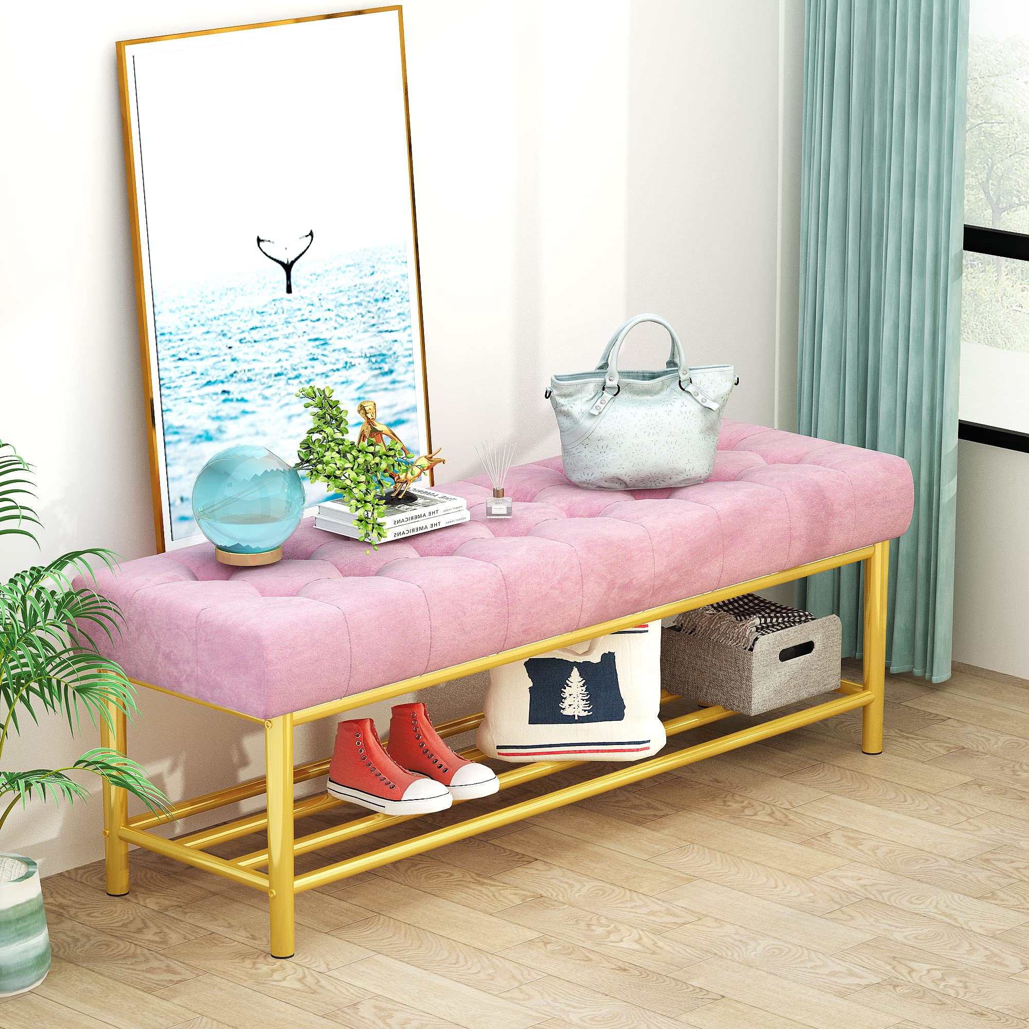 AWQM 2 in 1 Shoe Rack Bench, 47.2" Modern Upholstered Velvet Entryway Bench with Storage Shelves, End of Bed Storage Bench Ideal for Entryway, Hallway, Living Room, Bedroom (Pink)