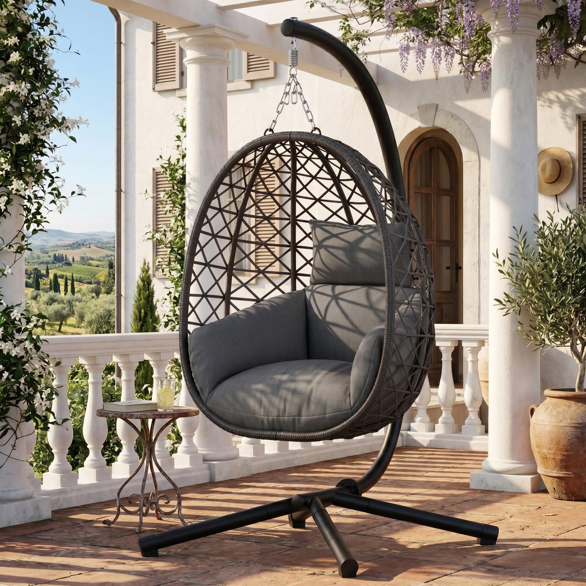 UDPATIO Hängesessel Outdoor mit Gestell, Indoor Hängeschaukel, Hängestuhl bis 160kg, Relaxschaukel mit 18cm Dicke Kissen, Schaukel Sessel Garten, Balkon, Grau