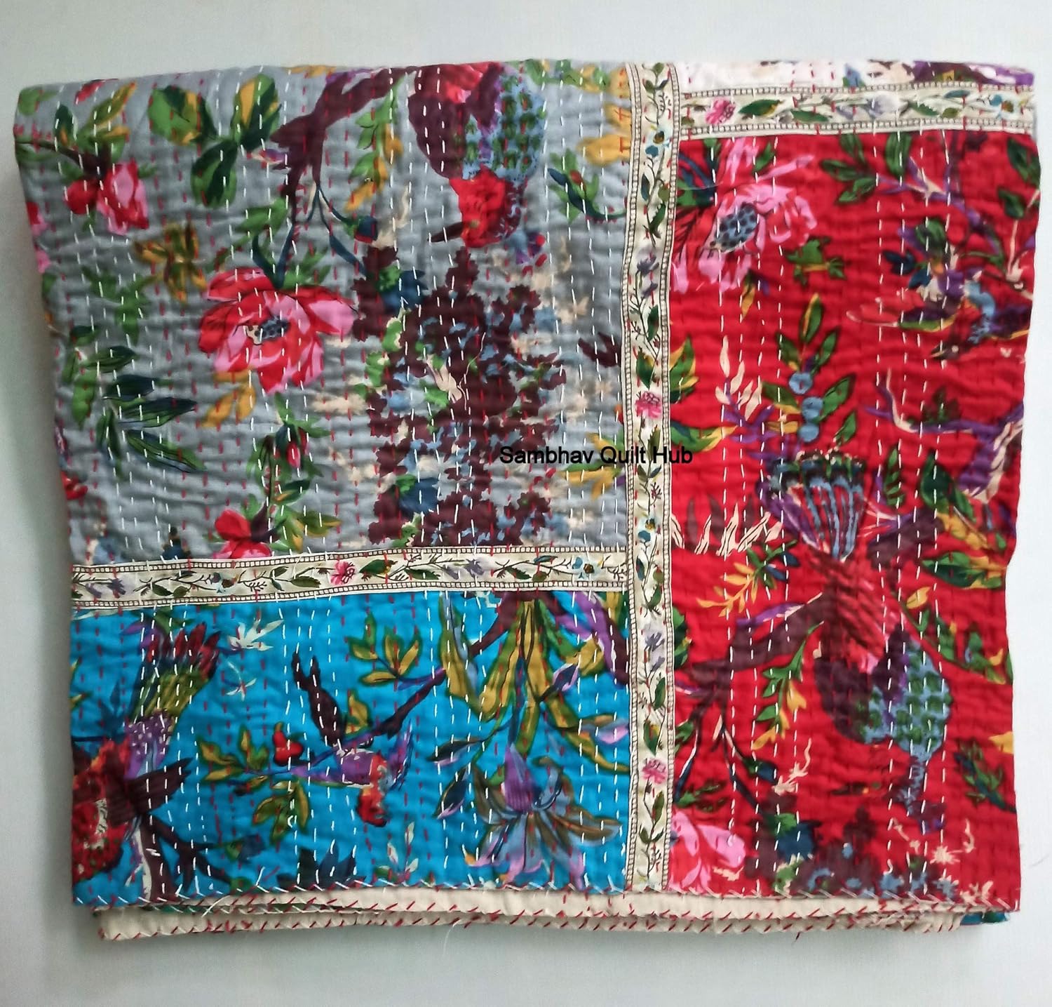 Queen Size Floral Animal Bird Print Kantha Handblock Bird Kantha Home Decor Quilt Bedspread Boho Bedding Queen Size/King Size Bed Cover Kantha Quilt