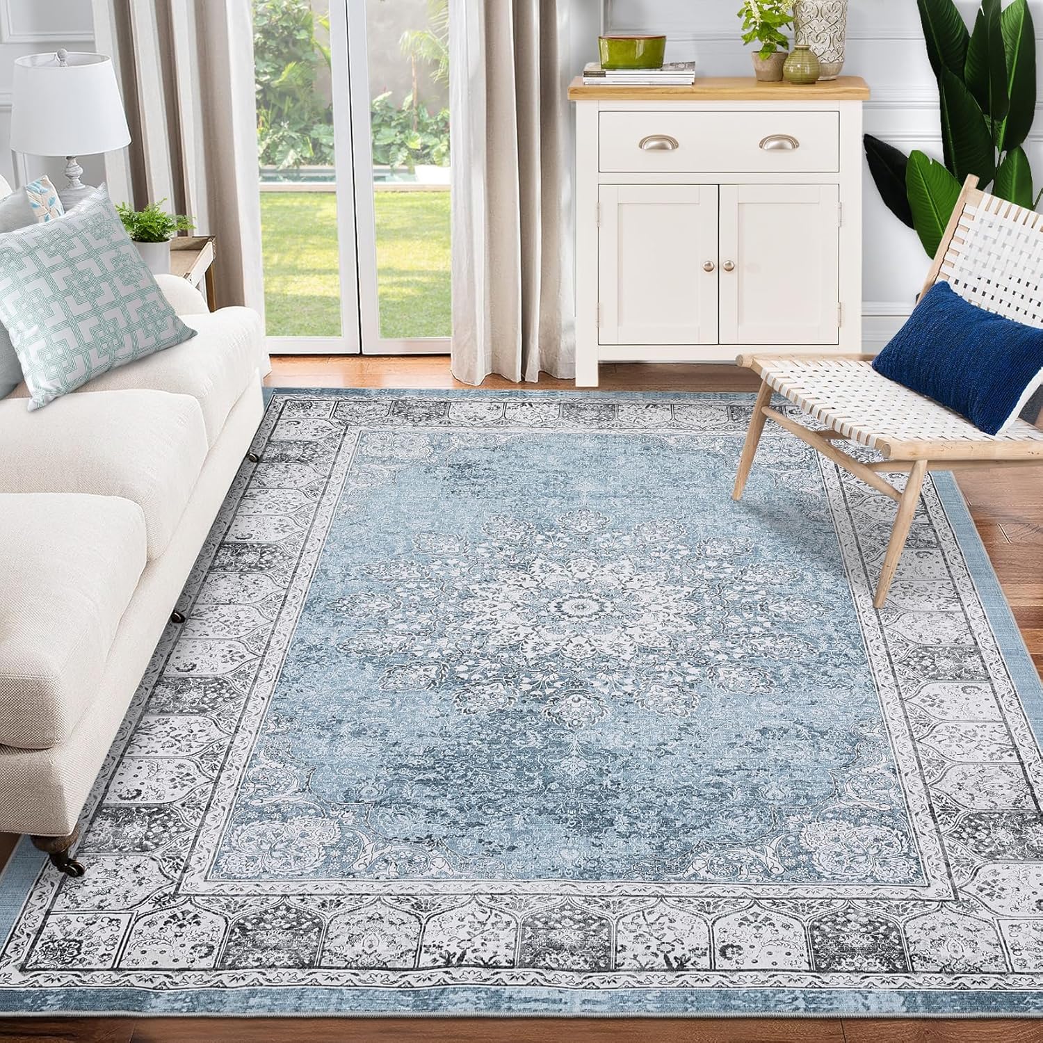 GarveeHome 9x12 Area Rugs, Washable Rug for Living Room, Floral Print Rug, Vintage Rug Distressed Indoor Traditional Mat, Foldable Thin Rug, Non Slip Carpet for Bedroom, Dining Room, Home Office