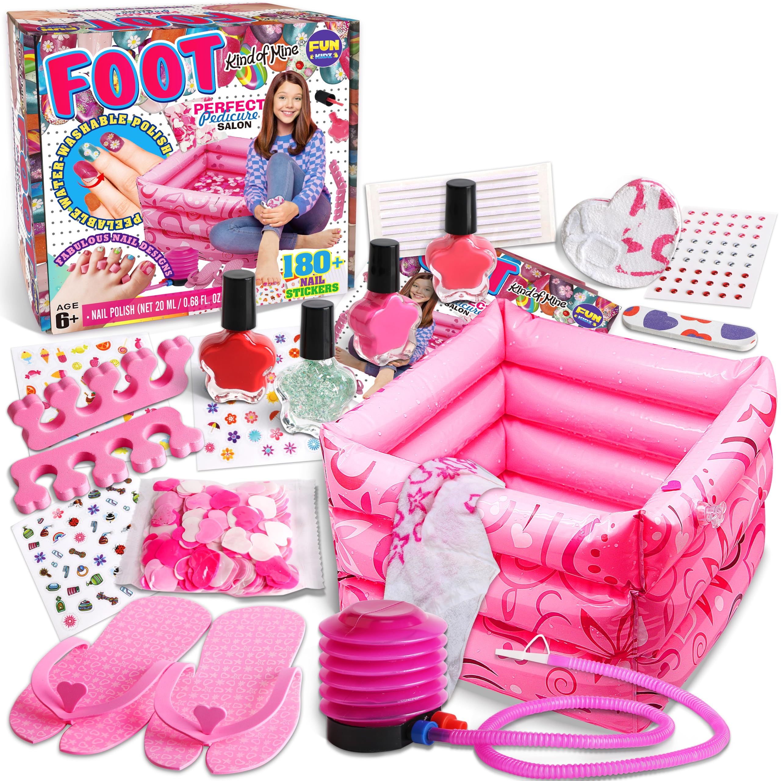 Kid Foot Spa Kit, Funkidz Pedicure Set for Girls Ages 7-12 Box Includes Bigger Inflatable Durable Foot Tub Inflator Pump Peelable Nail Polish Supplies For Sleepover Slumber Party Kit Gift
