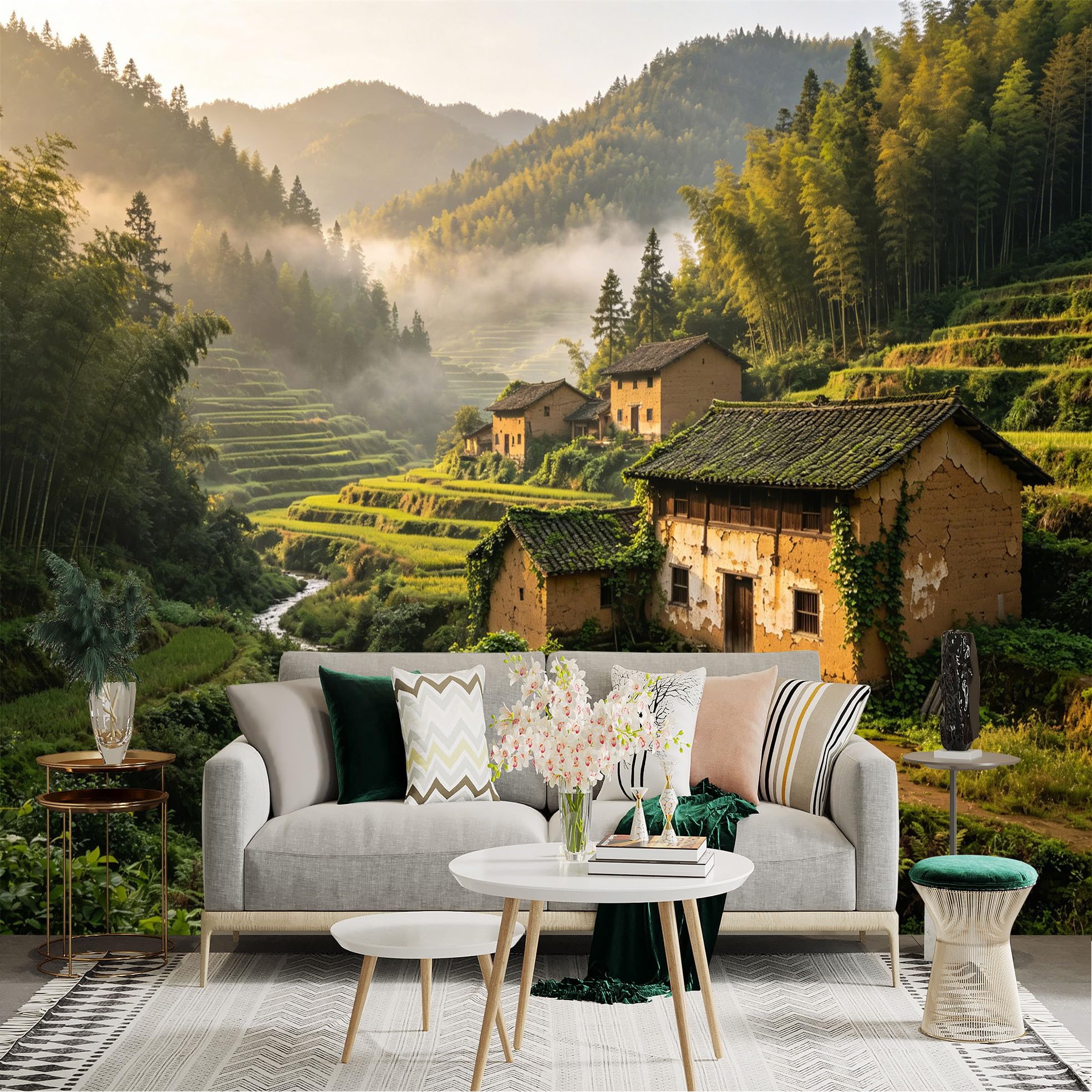 Custom Size Wall Sticker Mural， Rustic Village Houses with Green Rice Terraces and Misty Mountains， for wall Decoration， peelandstick wall Decals.