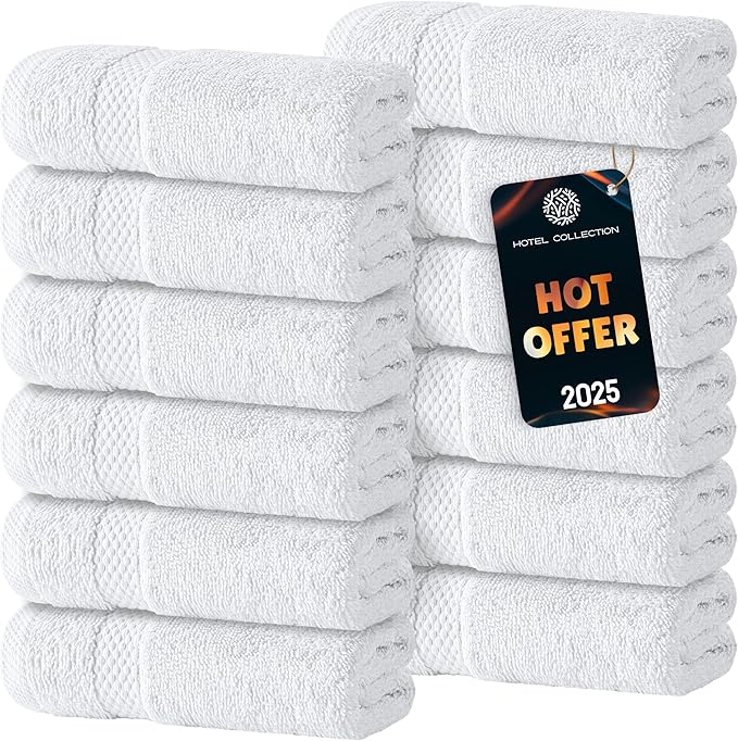 White Classic Luxury Cotton Washcloths 13x13 Inch - 650 GSM Turkish Cotton | Hotel, Spa, Bathroom Face Towel | 12 Pack