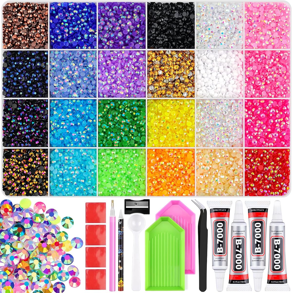 TINKRSTUFF 36000Pcs 3mm Jelly Rhinestones Bedazzling Kit | All-in-One Bedazzler Kit, 24 Colors Gems, 4Pcs B7000 Jewelry Glue, Diamond Art Tools, for Shoes Books Crafts Nail Art
