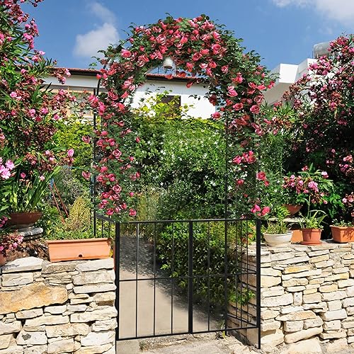 Miniatura 2 de Giantex Enrejado de jardín con puerta, arco de jardín de metal de 7.5 pies con puerta y estacas para plantas trepadoras, enredaderas de rosas,