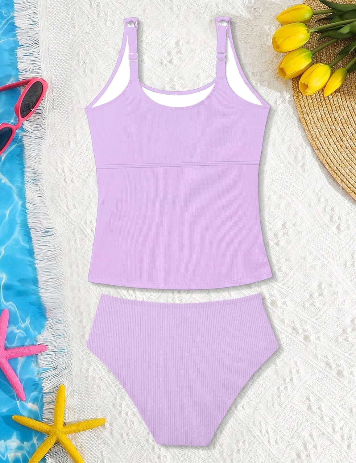 Girls Swimsuit Two Piece Ribbed Tankini Swimsuit Solid Color Ruched Bathing Suit Adjustable Straps Swimwear 9-16Y - Image 7