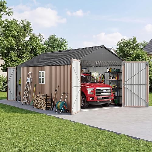 Aoxun 12x20x9.3 FT Metal Storage Shed Outdoor Large Garage Shed Carport with Double Doors,Side Door & Windows, Heavy Duty Garden Tool Shed All-Weather Outdoor Building for Vehicles & Sundries(Brown)